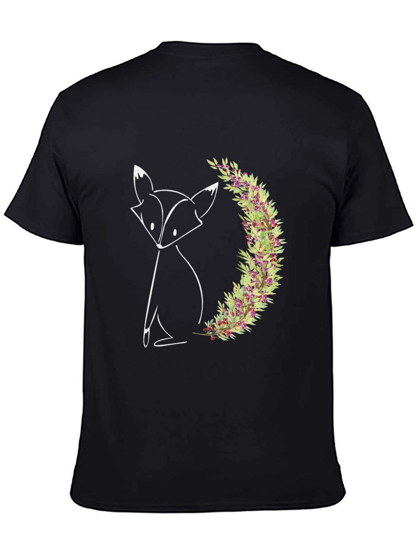 Black Minimalist Fox & Floral Wreath Graphic Tee - Black view 4
