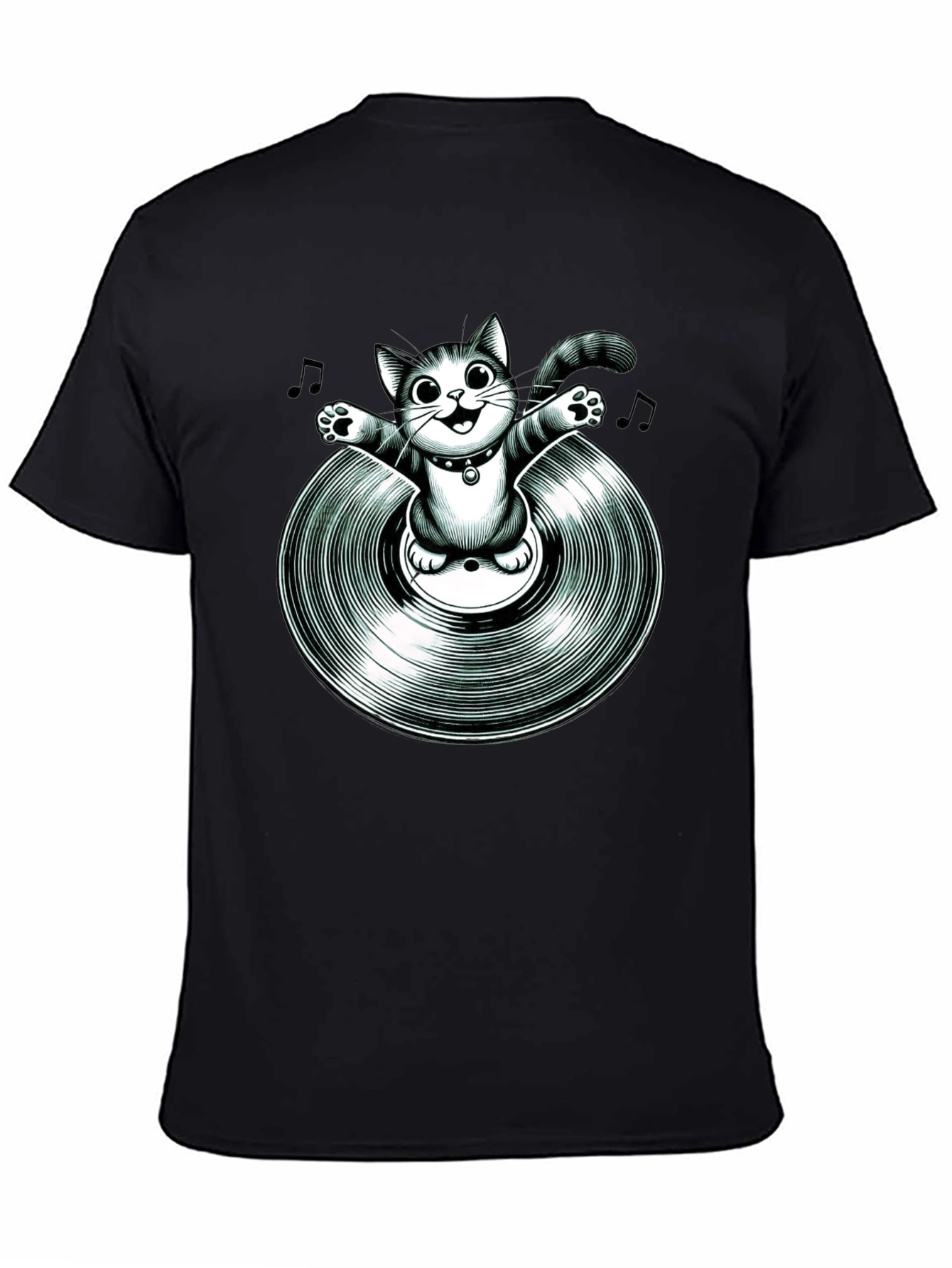 Black Cool Cat on Vinyl Record Graphic T-Shirt view 4