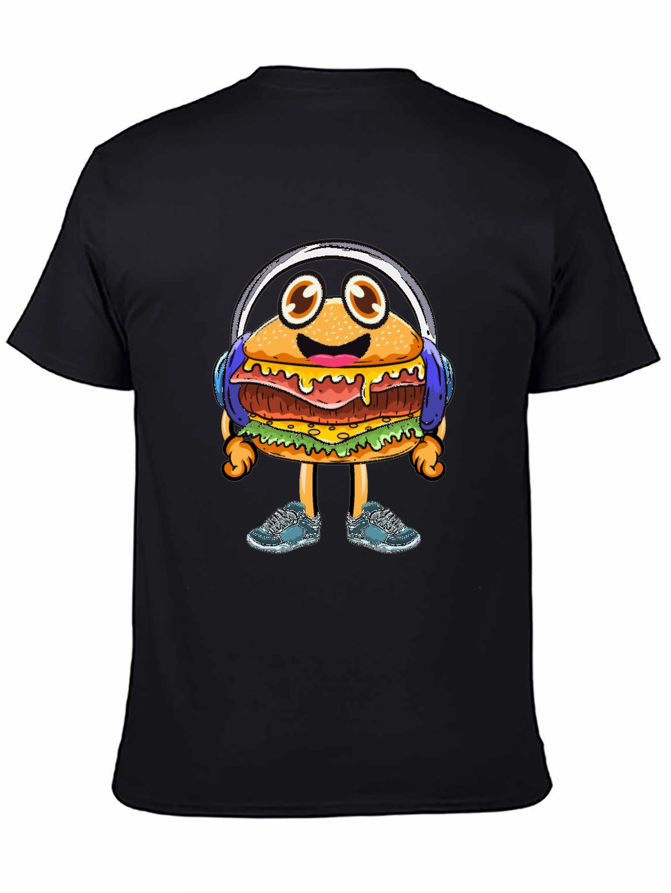 Black Burger Beats T-Shirt: Groovy Cartoon Foodie Tee view 4