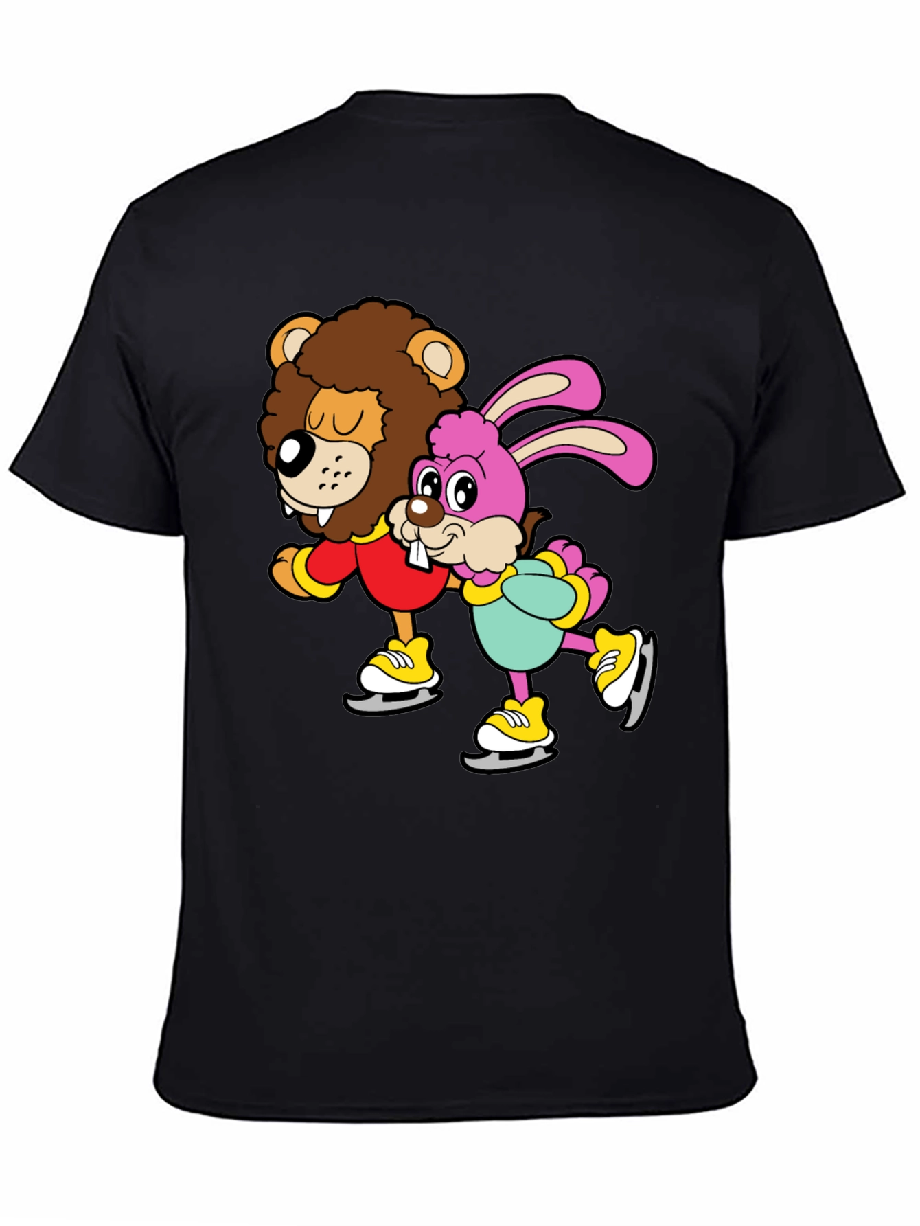 Black Lion & Bunny Ice Skating Cartoon Graphic T-Shirt view 4