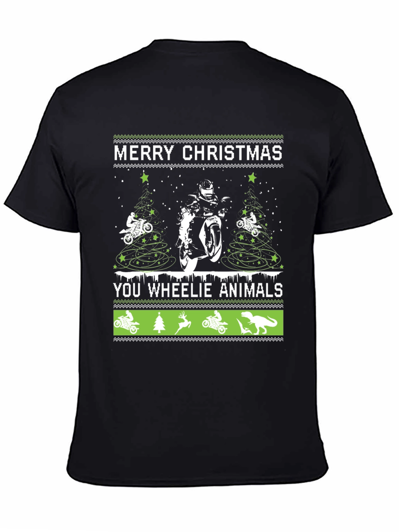 Black Motorcycle Christmas T-Shirt - Wheelie Animals Holiday Tee view 4
