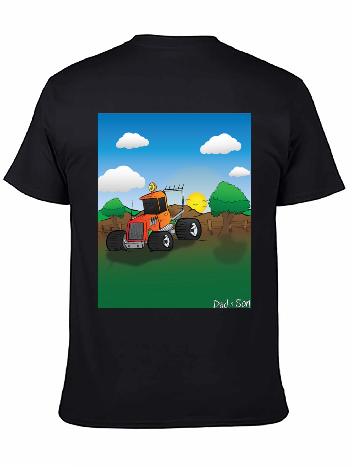 Black Dad n Son Cartoon Tractor T-Shirt view 4