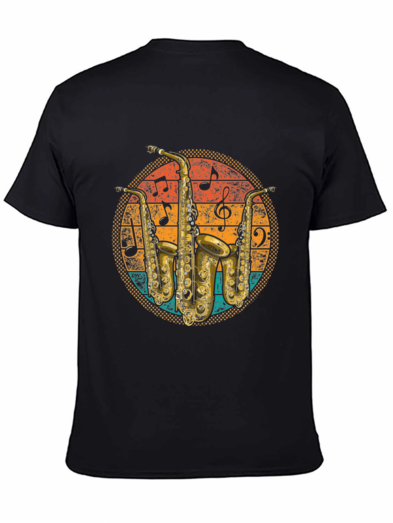 Black Retro Saxophone Music T-Shirt view 4