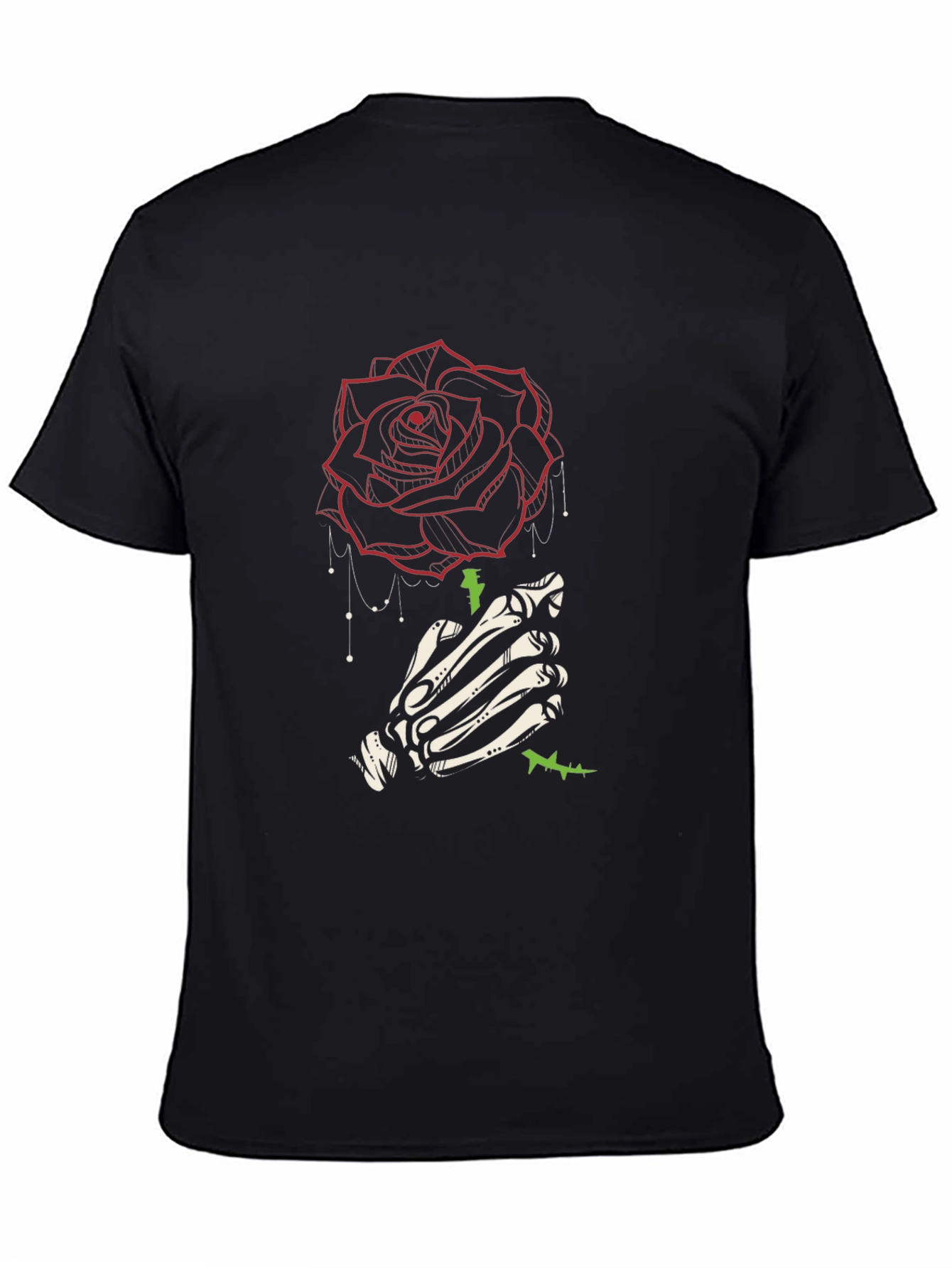 Black Rose & Skeleton Hand Graphic Tee - Stylish Men's Black T-Shirt view 4