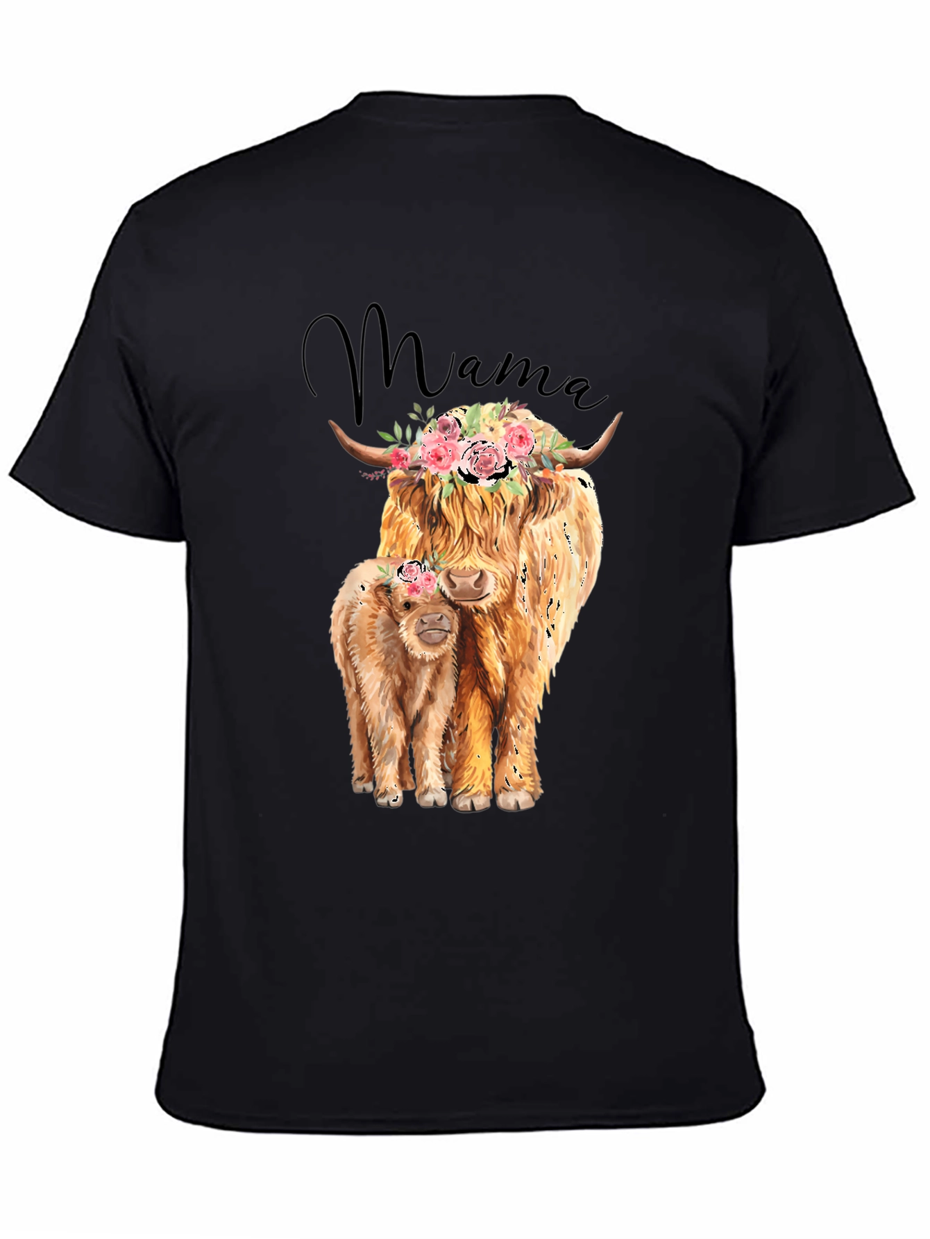 Black Mama Highland Cow T-Shirt: Floral Crowned Cow & Calf Tee view 4