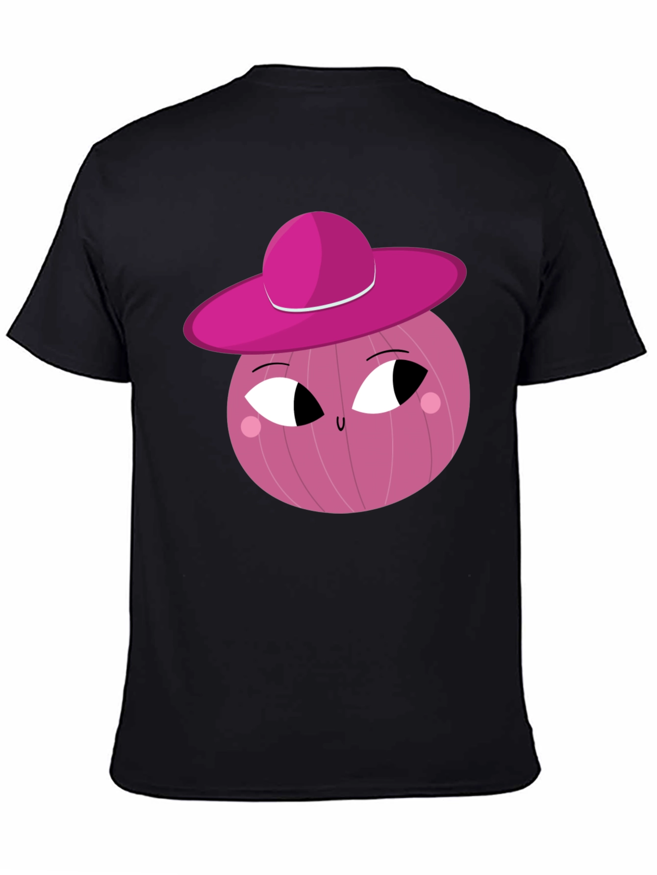 Black Whimsical Pink Onion Character Graphic T-Shirt view 4
