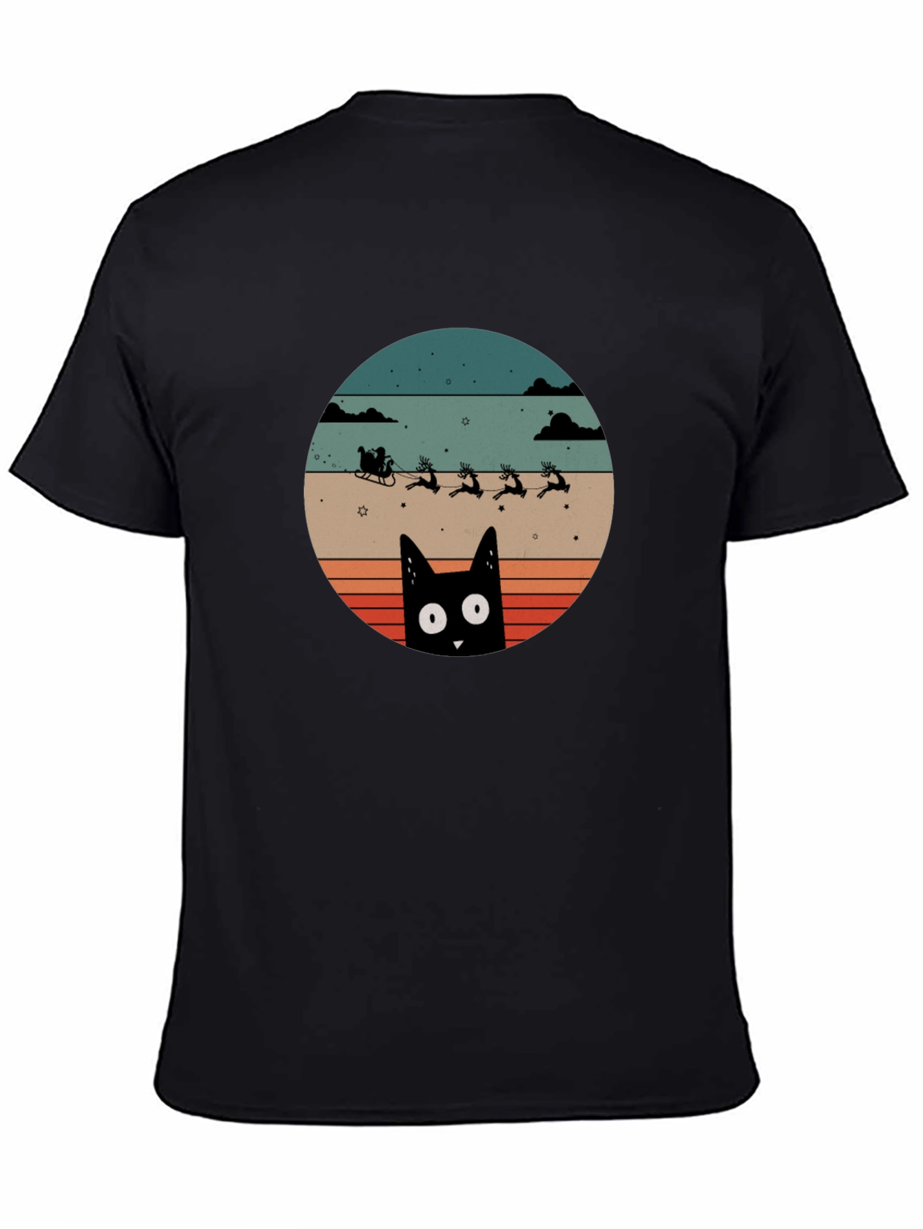 Black Retro Cat Santa's Sleigh T-Shirt view 4