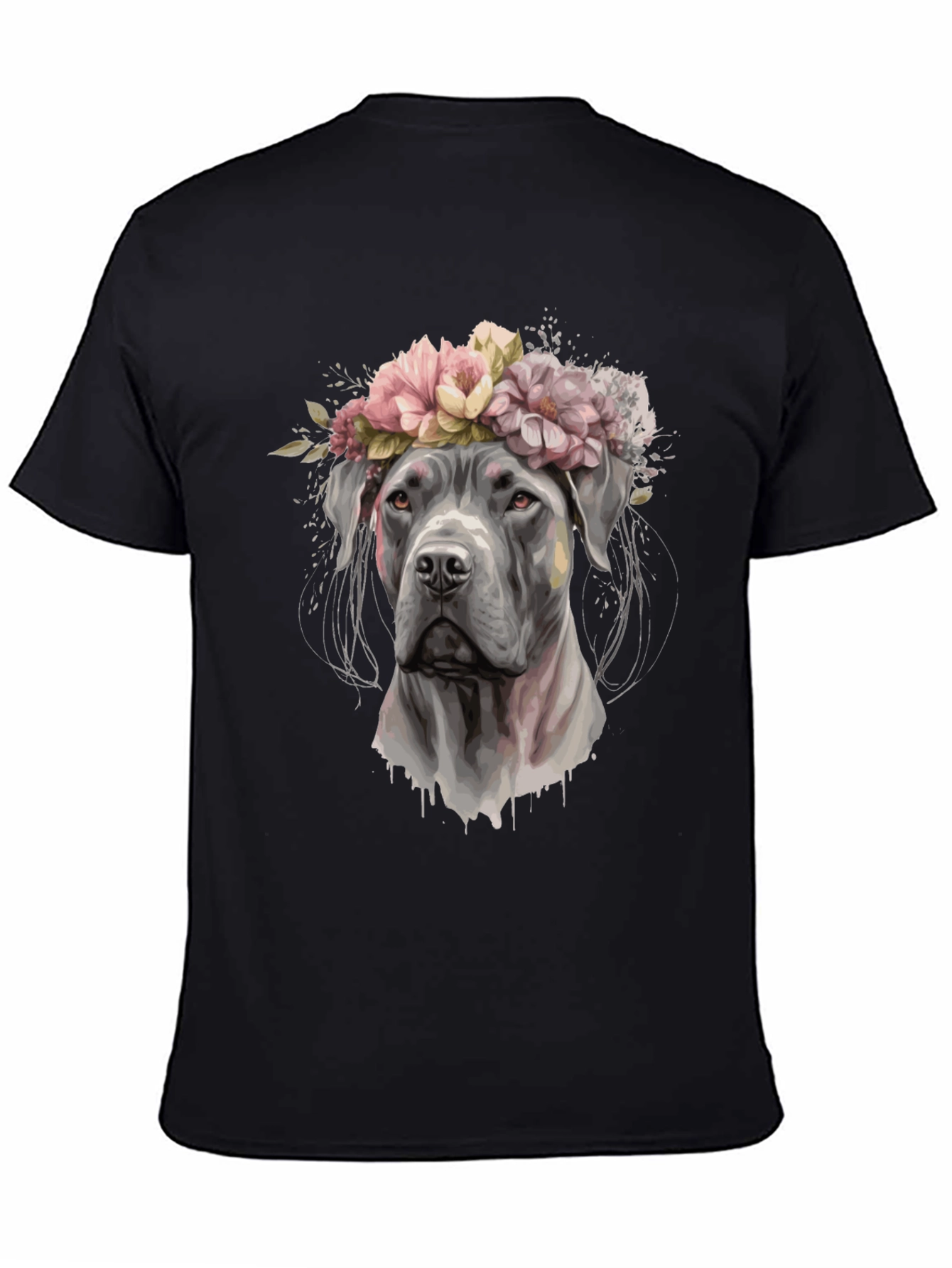 Black Dog with Flower Crown Black T-Shirt view 4