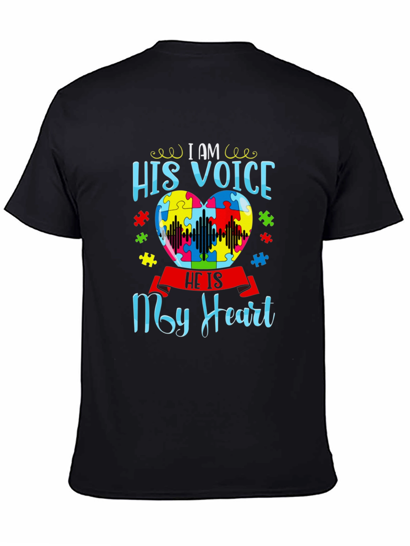 Black Autism Awareness 'His Voice My Heart' T-Shirt view 4