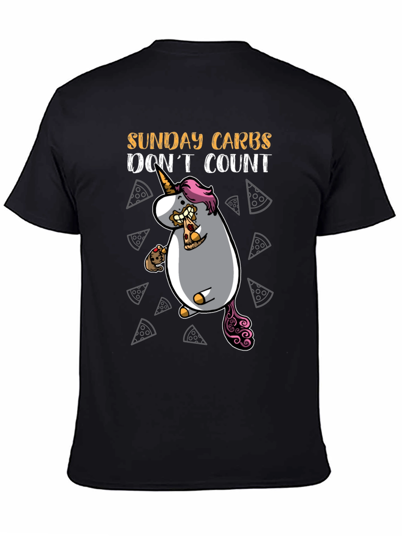 Black Funny Sunday Carbs Unicorn Pizza Graphic Tee view 4