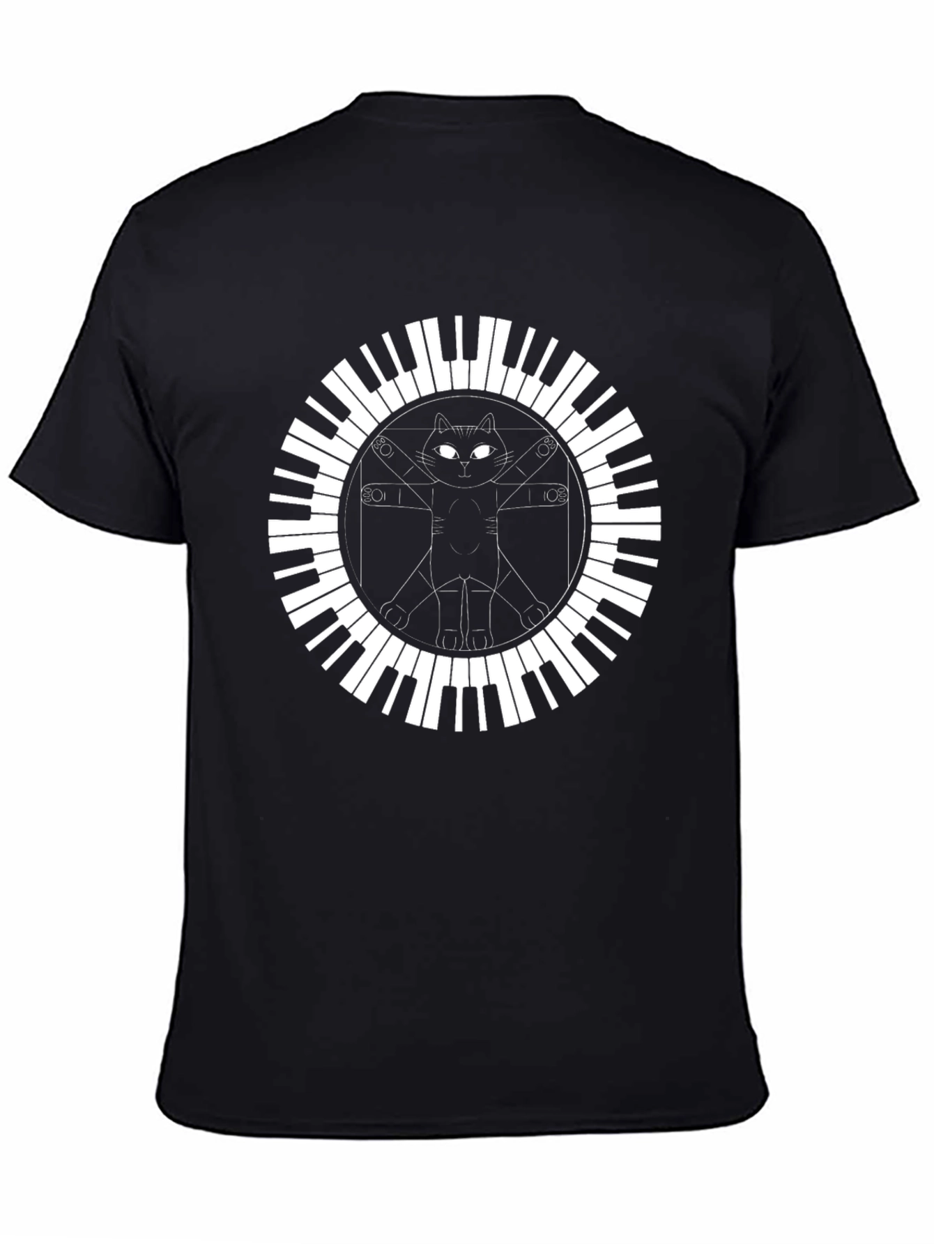 Cat Vitruvian Man Piano Keys Black T-Shirt - 4
