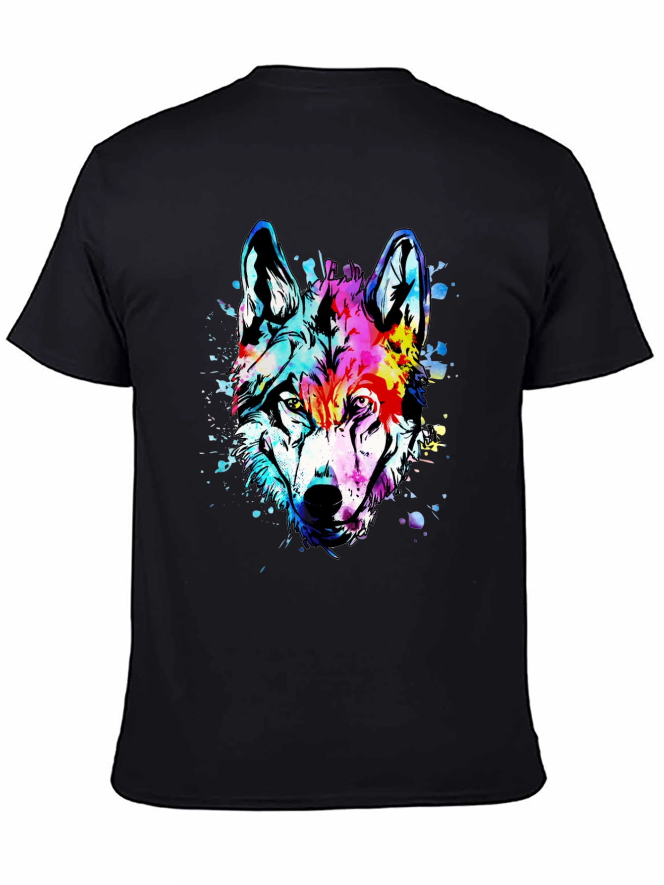 Black Vivid Wolf Graphic Tee - Men's Black Cotton T-Shirt view 4