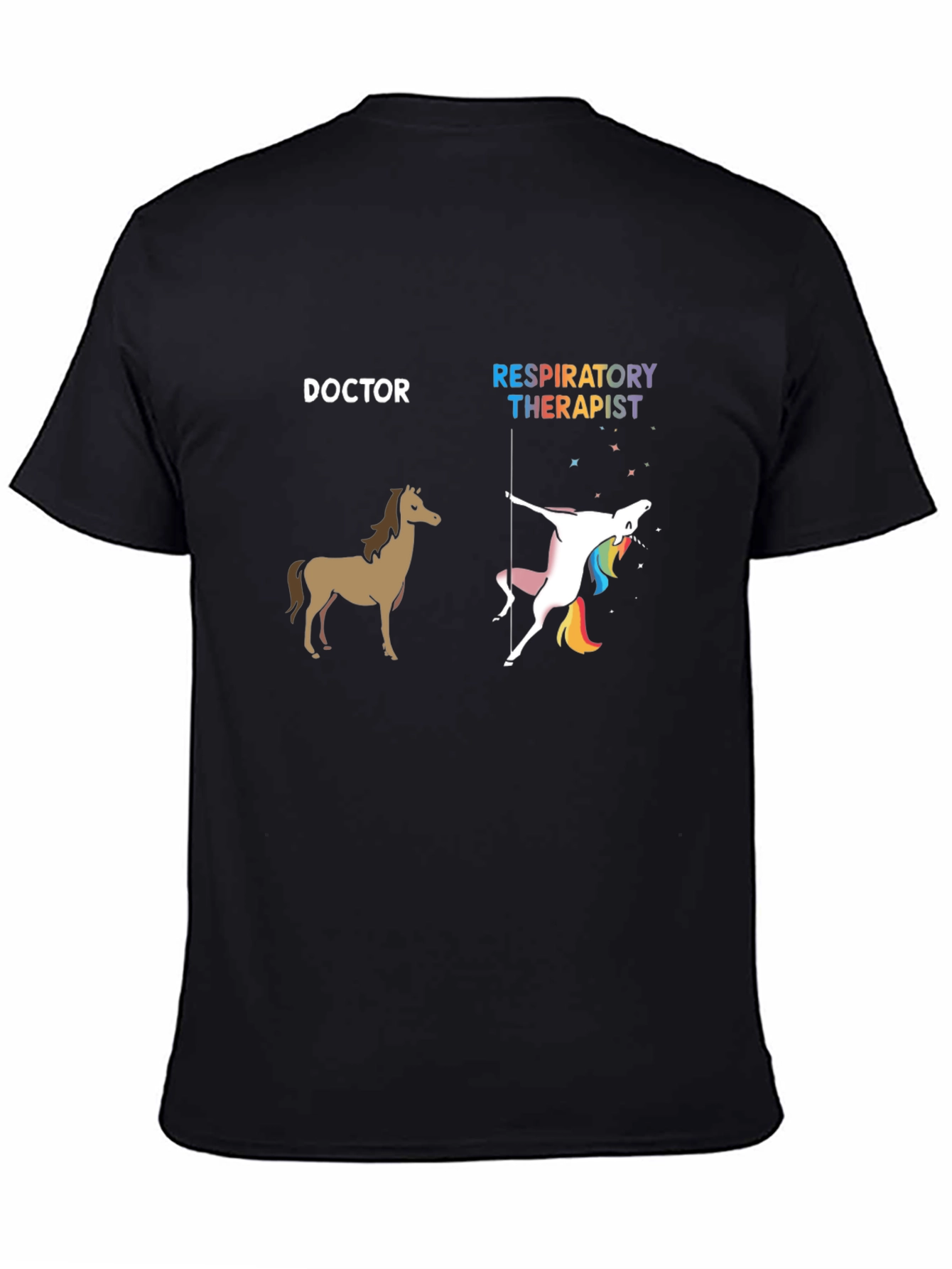 Black Doctor Horse vs. Respiratory Therapist Unicorn Graphic Tee view 4