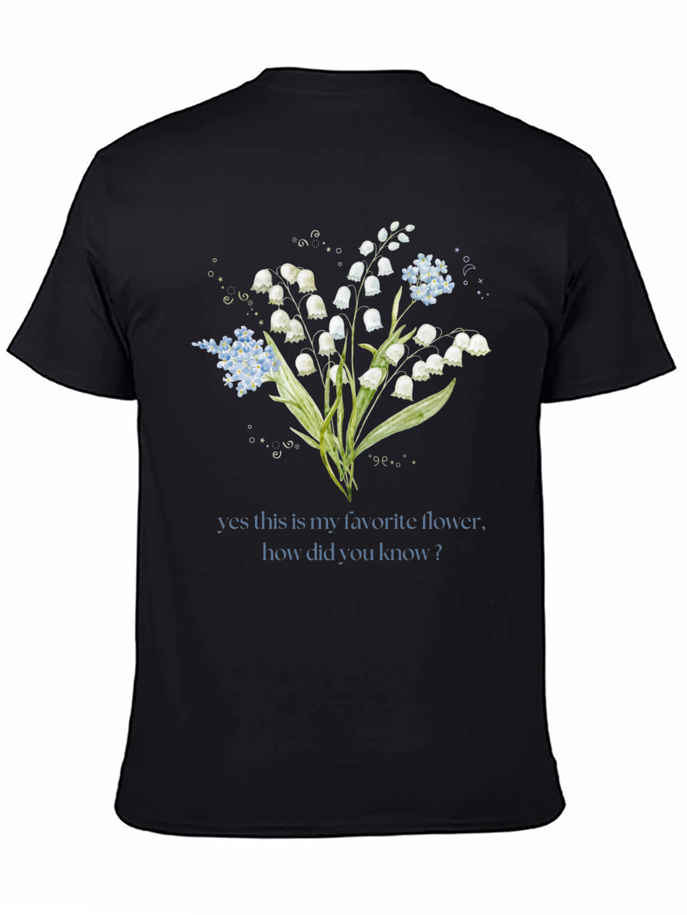 Black Floral Graphic T-Shirt - Lily of the Valley Design view 4