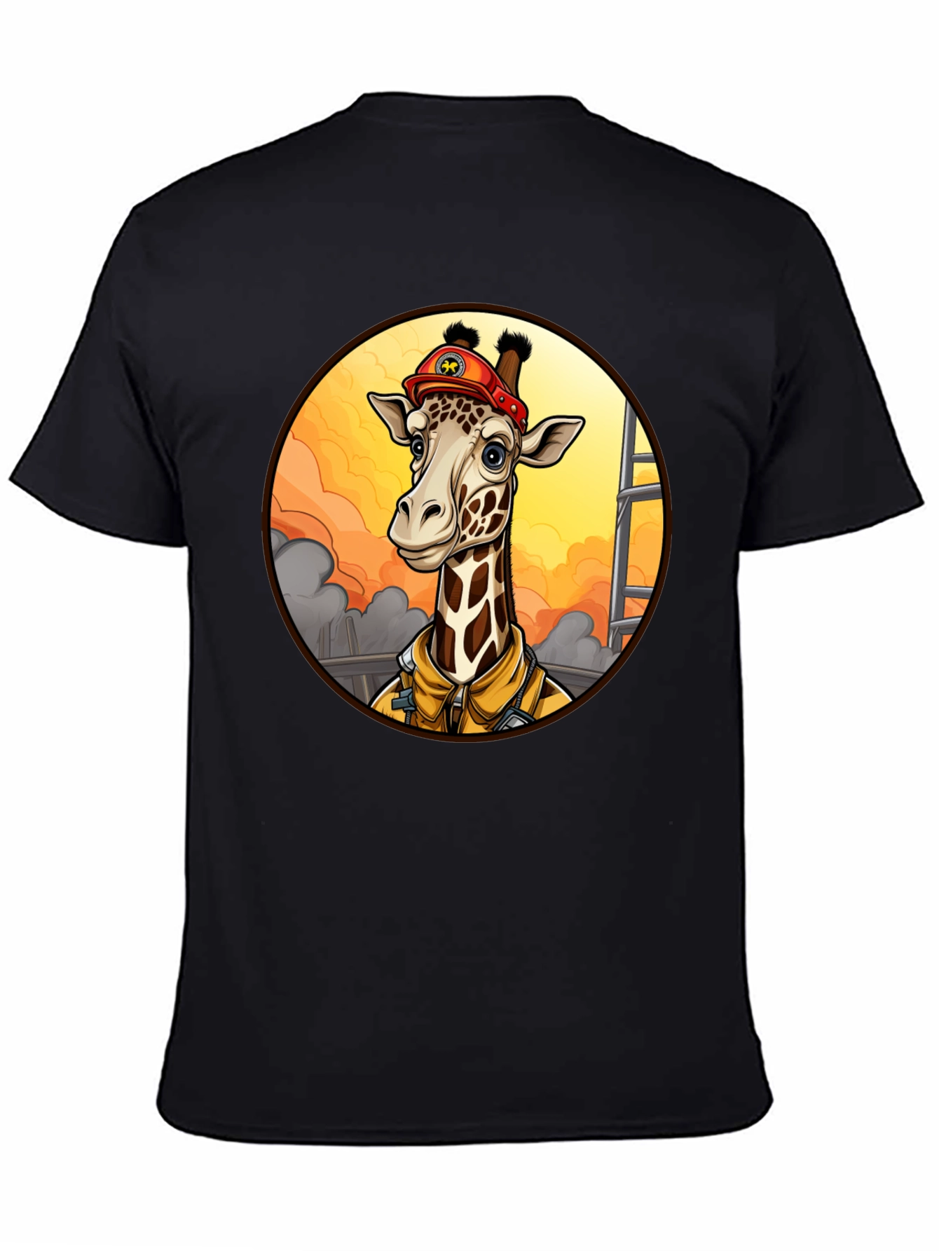 Black Giraffe Firefighter T-Shirt - Unique Cartoon Design view 4