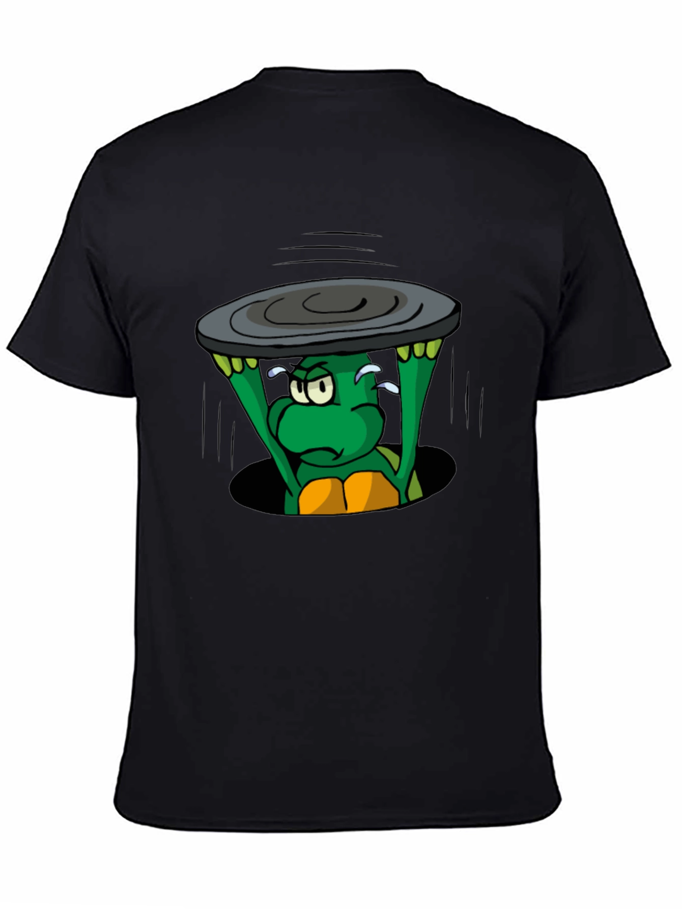 Black Cartoon Turtle Lifting Manhole Cover Black T-Shirt view 4