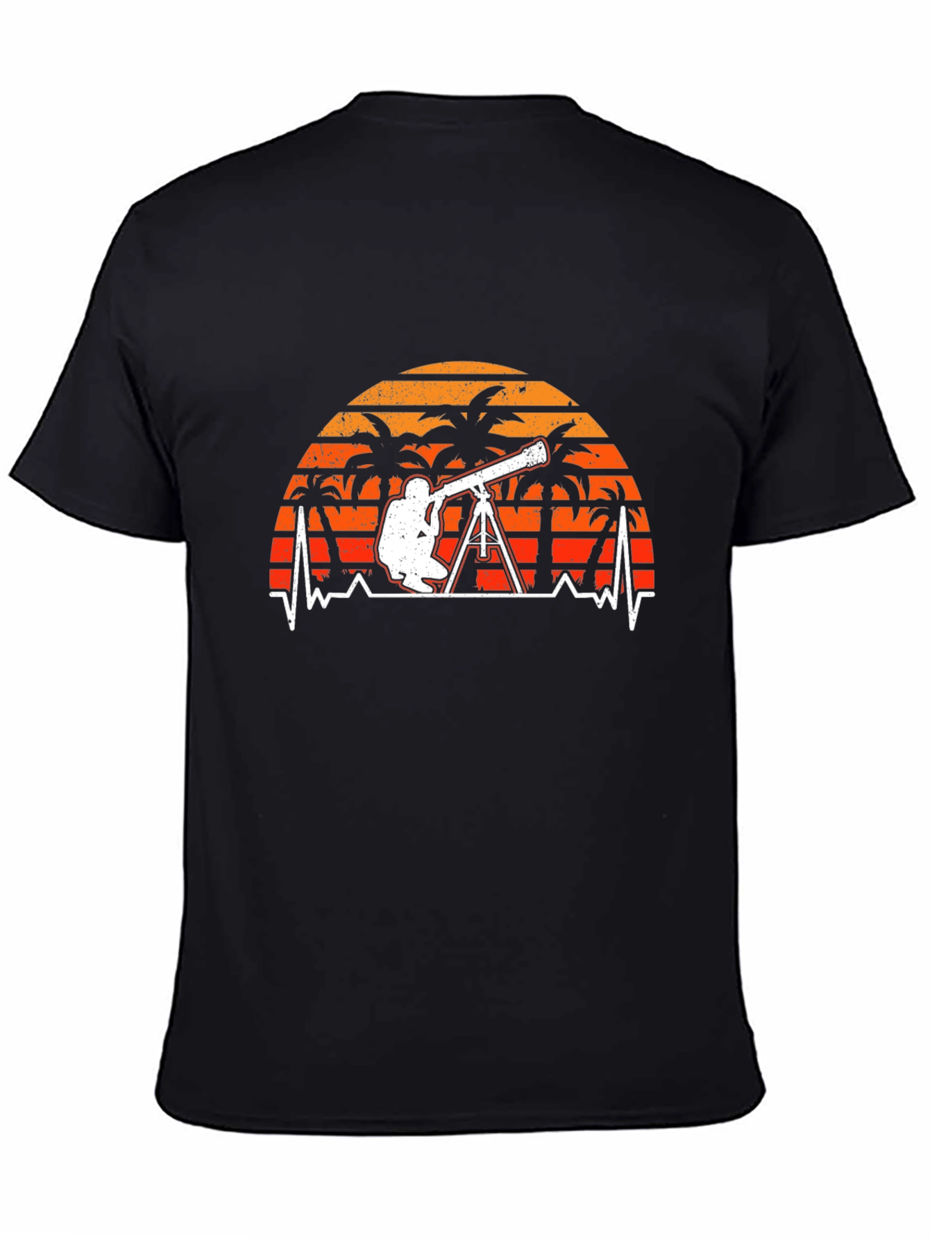 Black Astronomy T-Shirt: Telescope Heartbeat Sunset Design view 4