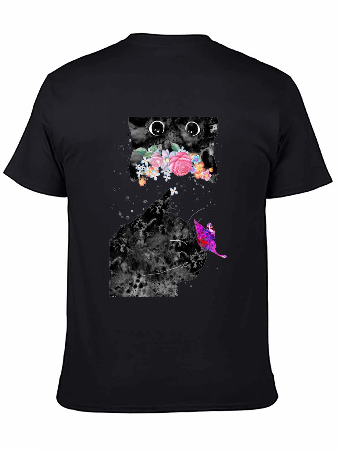 Black Floral Cat Graphic Tee - Trendy Men's Black T-Shirt view 4