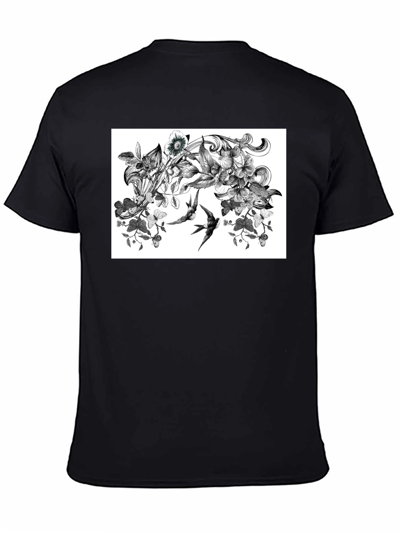 Black Botanical Swallow T-Shirt - Artistic Black Tee view 4