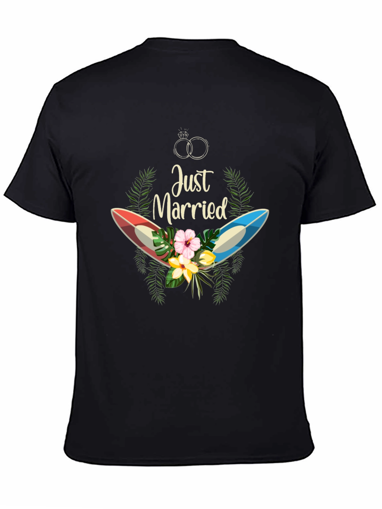 Black Just Married Surfboard T-Shirt view 4