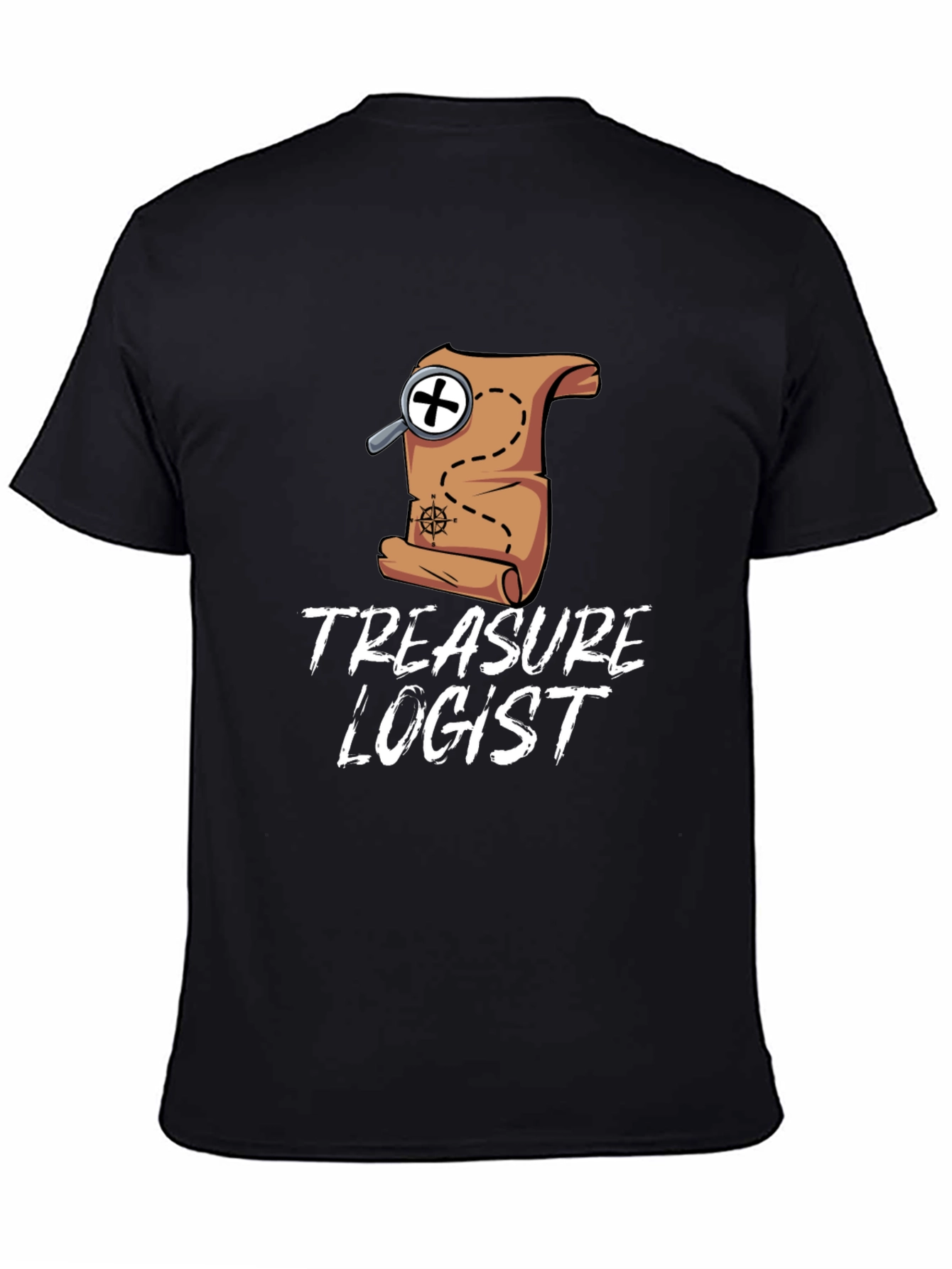 Black Treasure Logist T-Shirt - Map & Magnifying Glass Design view 4