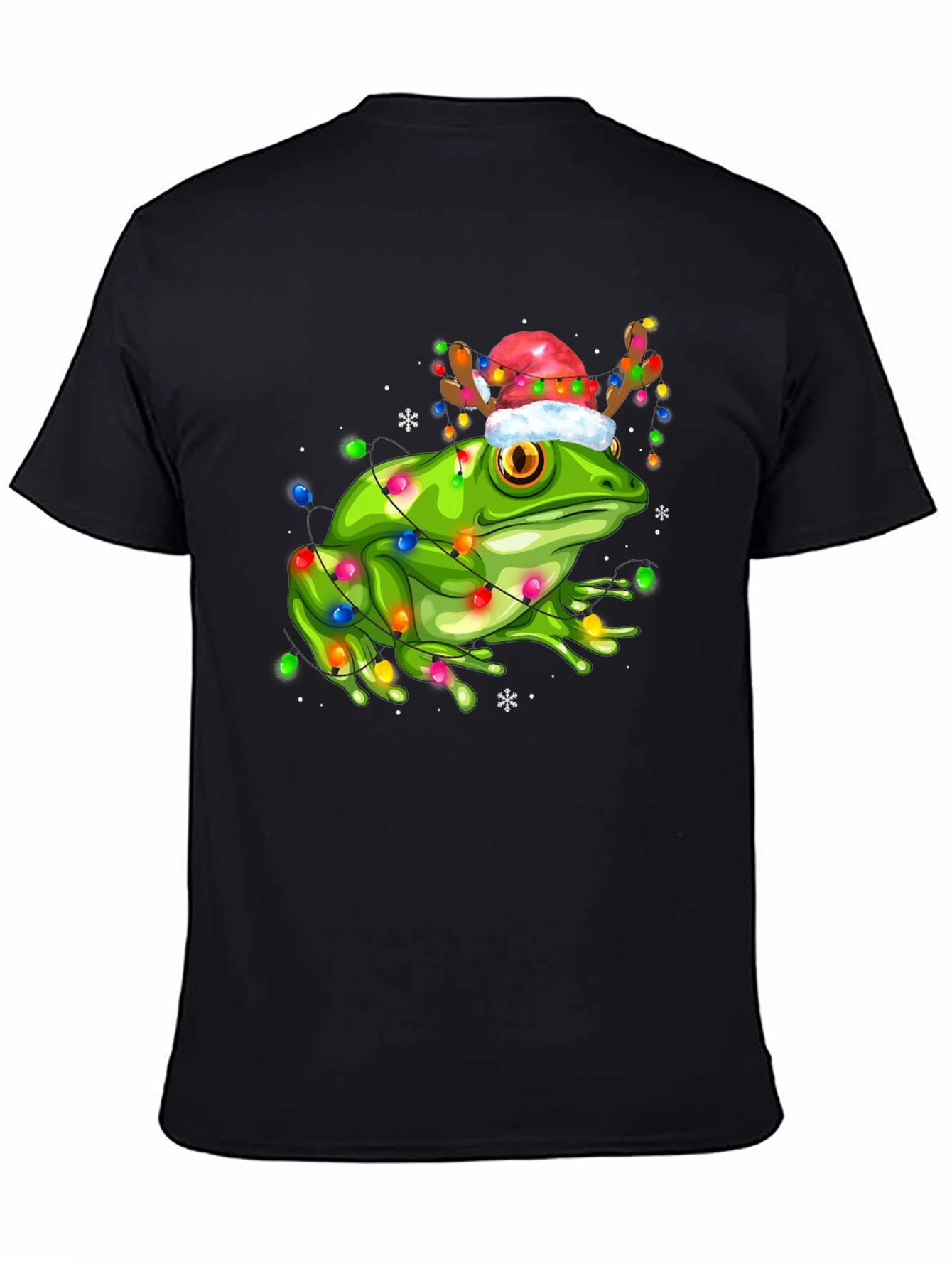 Black Festive Frog Tee: Christmas Lights & Reindeer Hat view 4