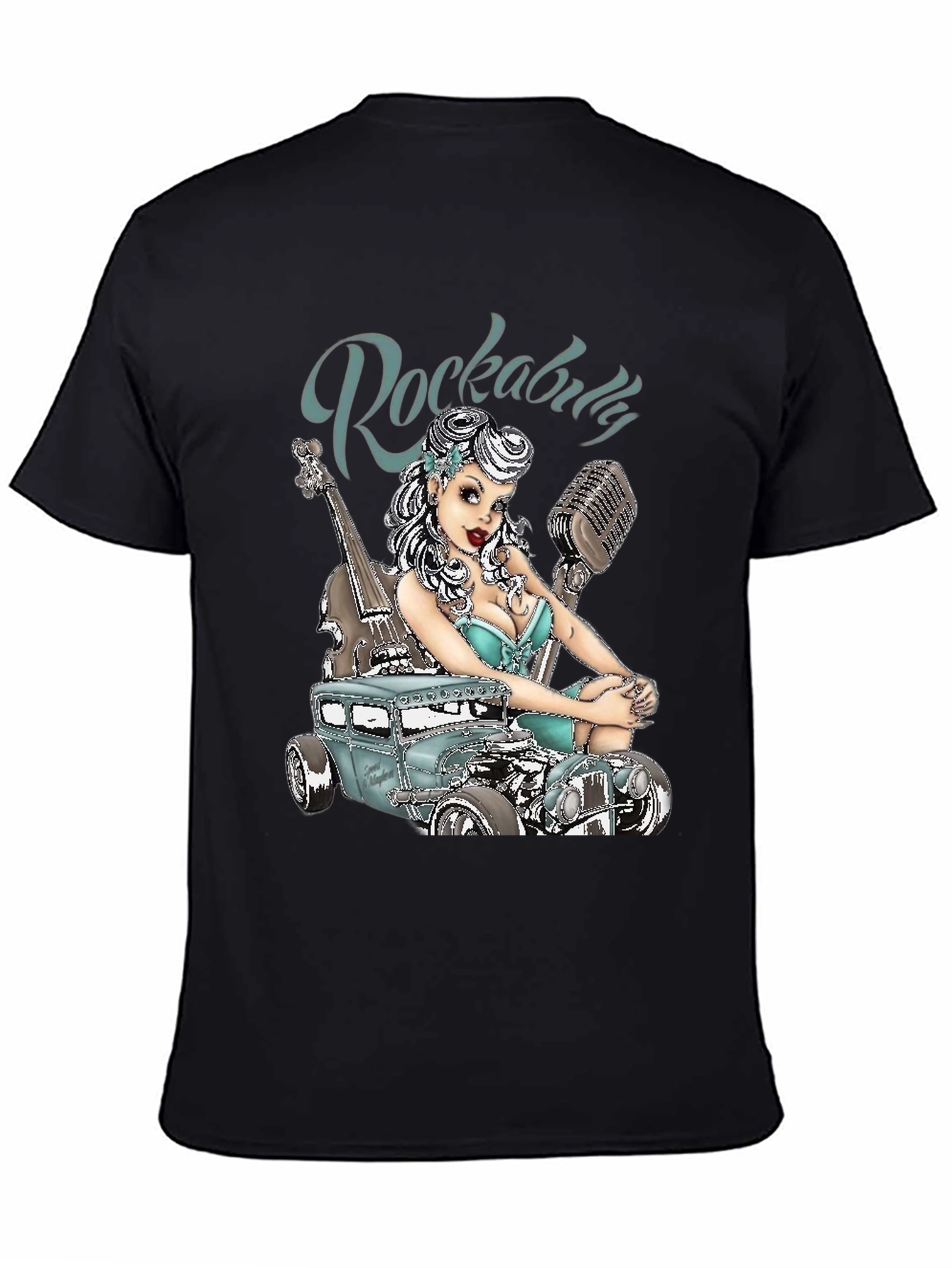 Black Rockabilly Style T-Shirt with Car & Pin-up Girl Design view 4