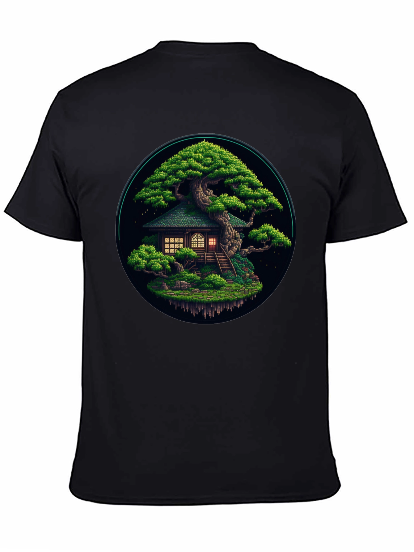 Black Pixel Art Bonsai Tree House Black T-Shirt view 4