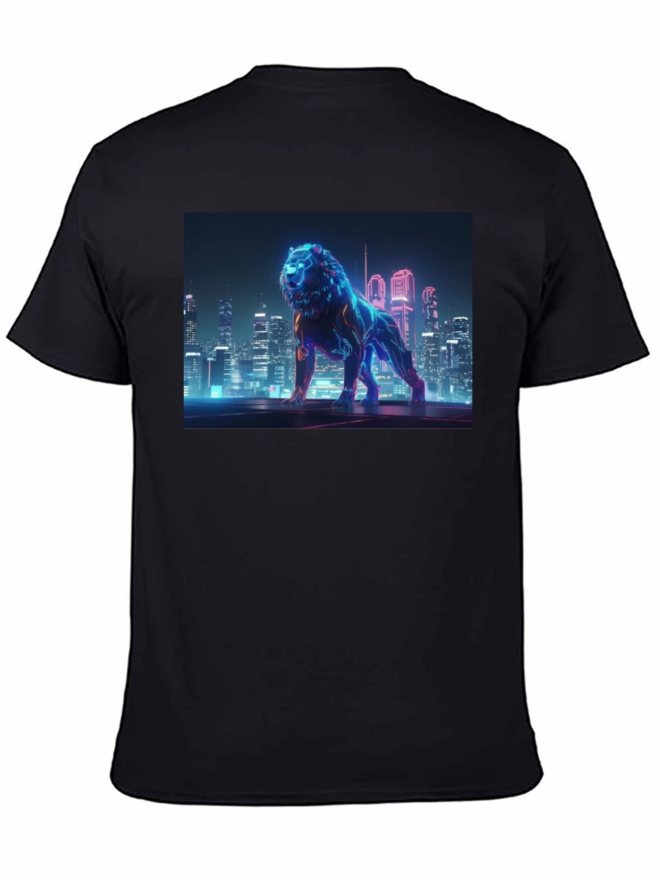 Black Neon Lion Cityscape Graphic Black Tee view 4