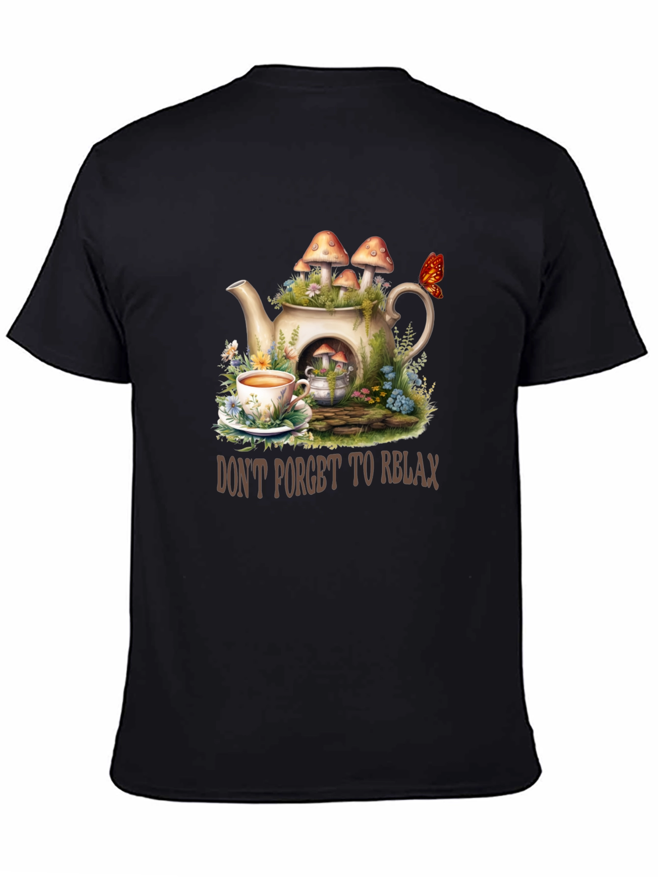 Black Relaxing Tea Party T-Shirt - Mushroom Teapot Design view 4