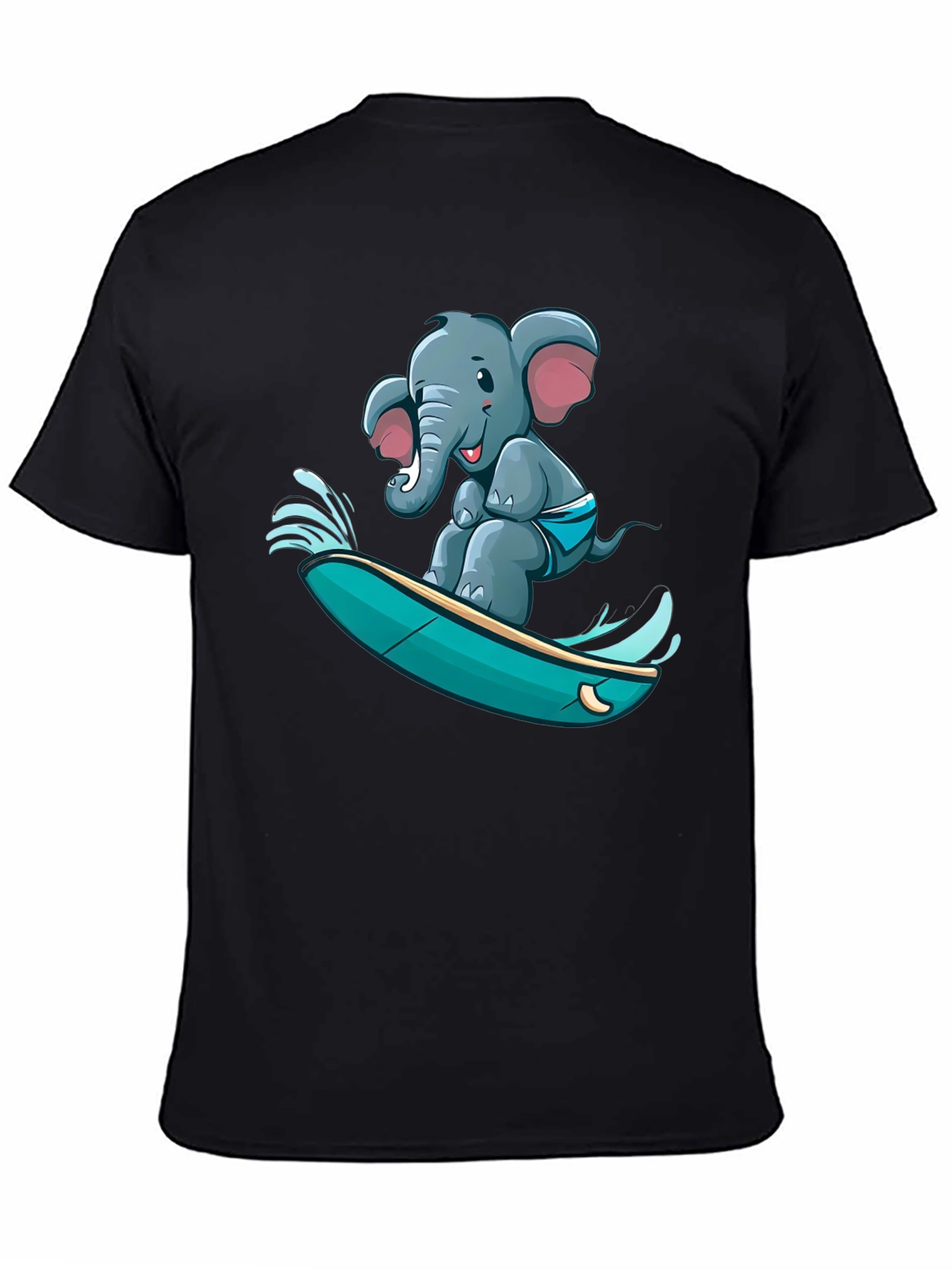 Black Surfing Elephant T-Shirt - Unique Cartoon Design view 4