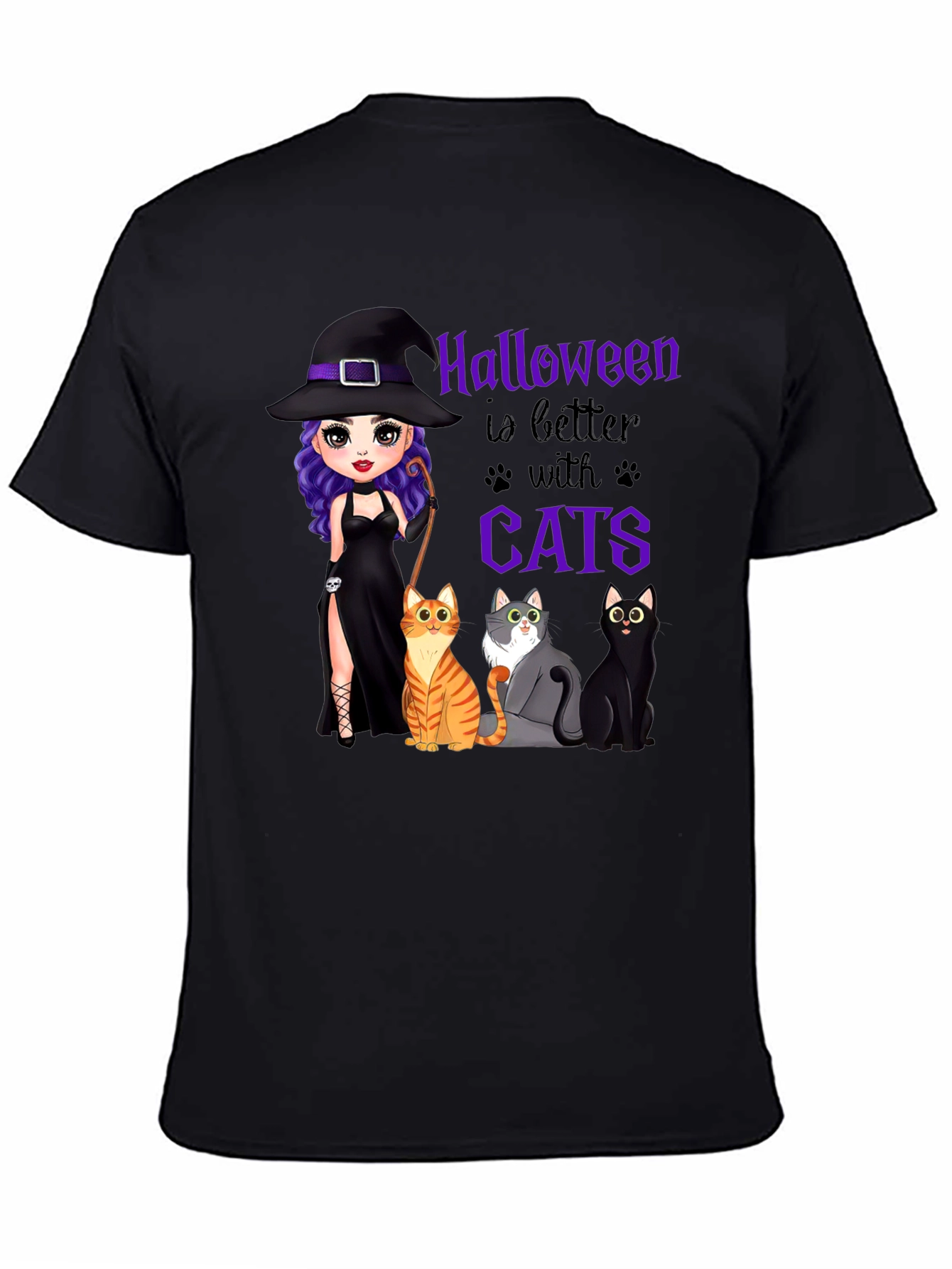 Black Halloween Witch and Cats T-Shirt view 4