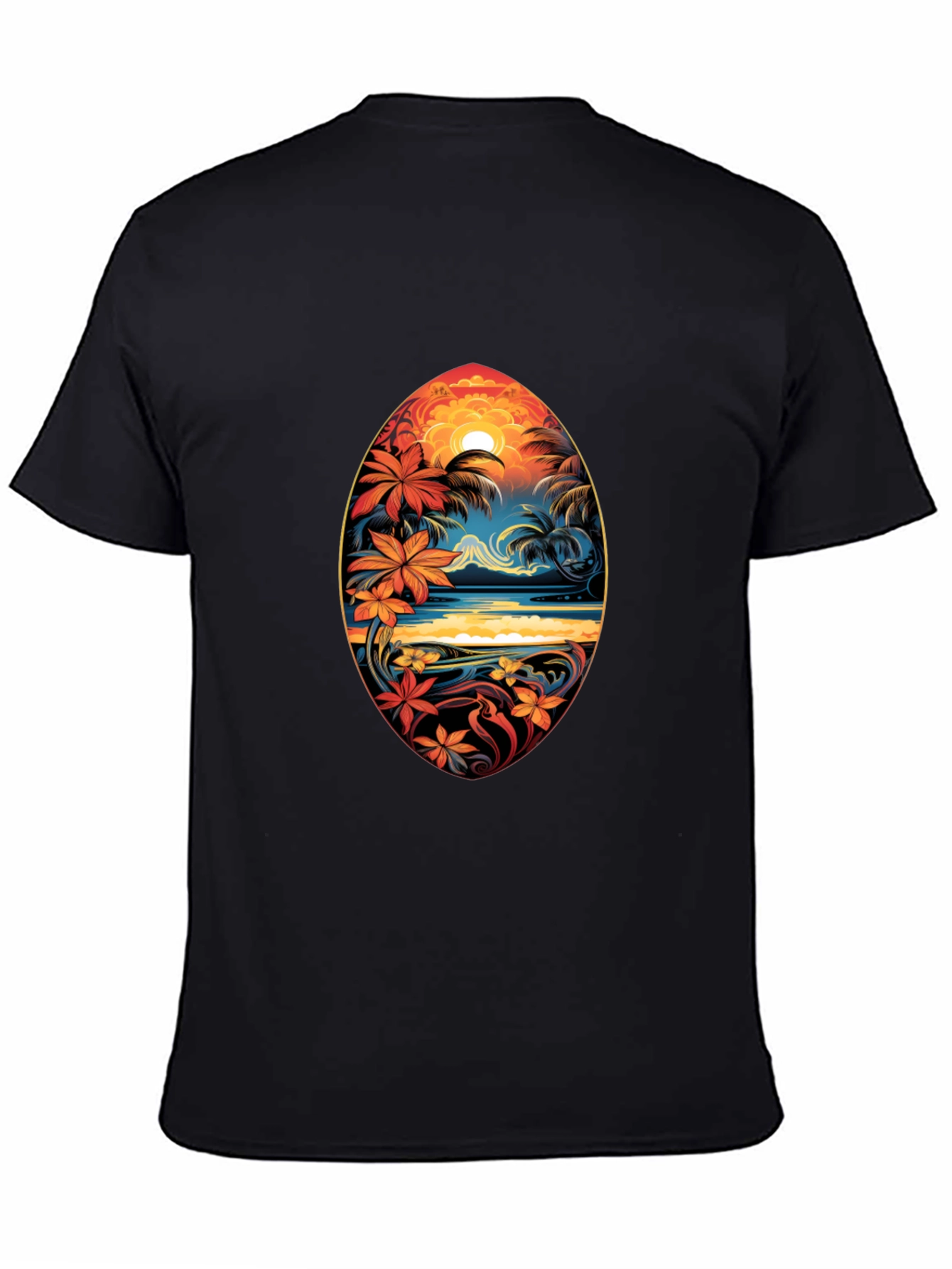 Black Tropical Island Surfboard Design Black T-Shirt view 4