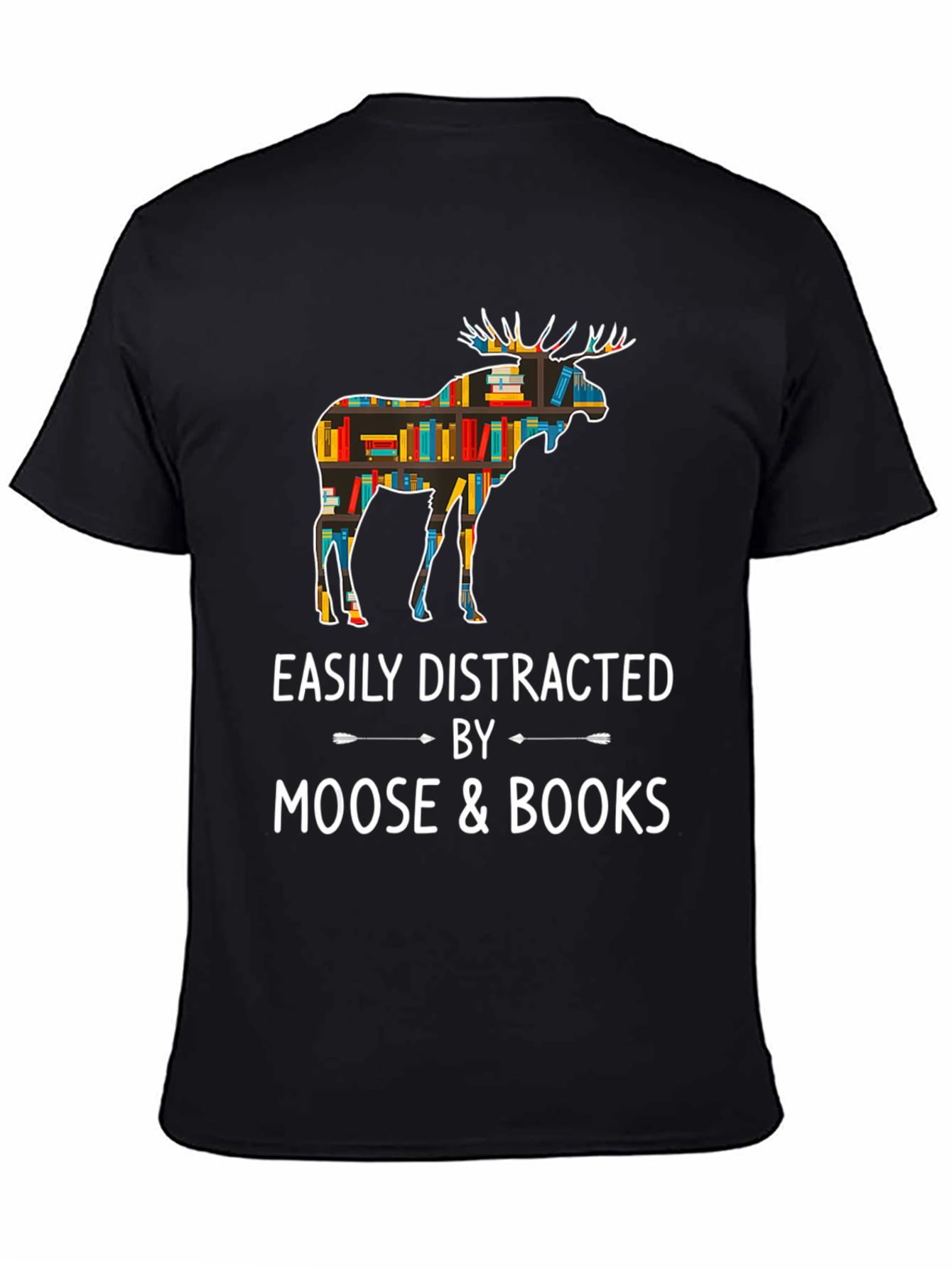 Black Easily Distracted by Moose and Books T-Shirt view 4