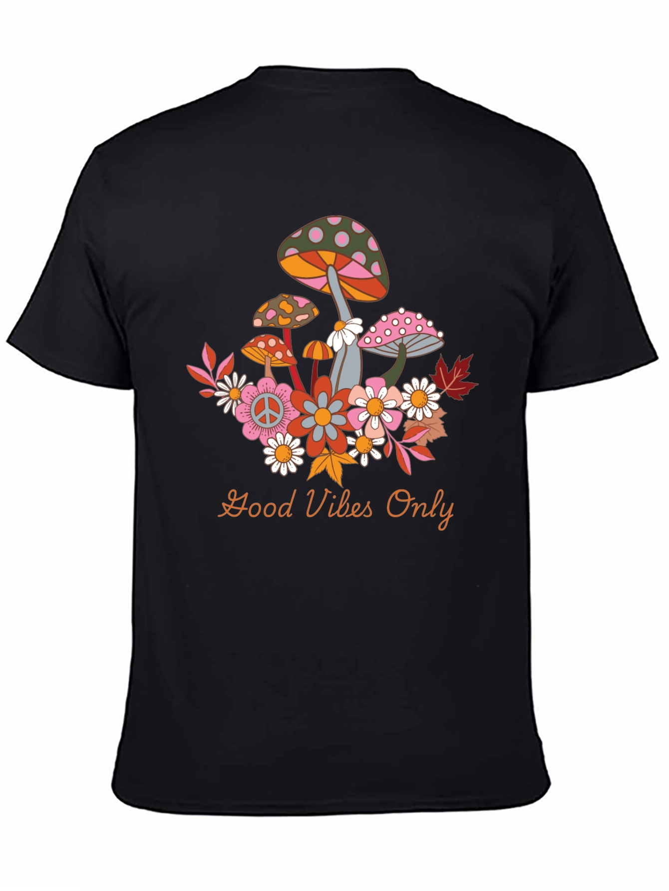 Black Groovy Mushroom & Flower Graphic Tee - Good Vibes Only! view 4