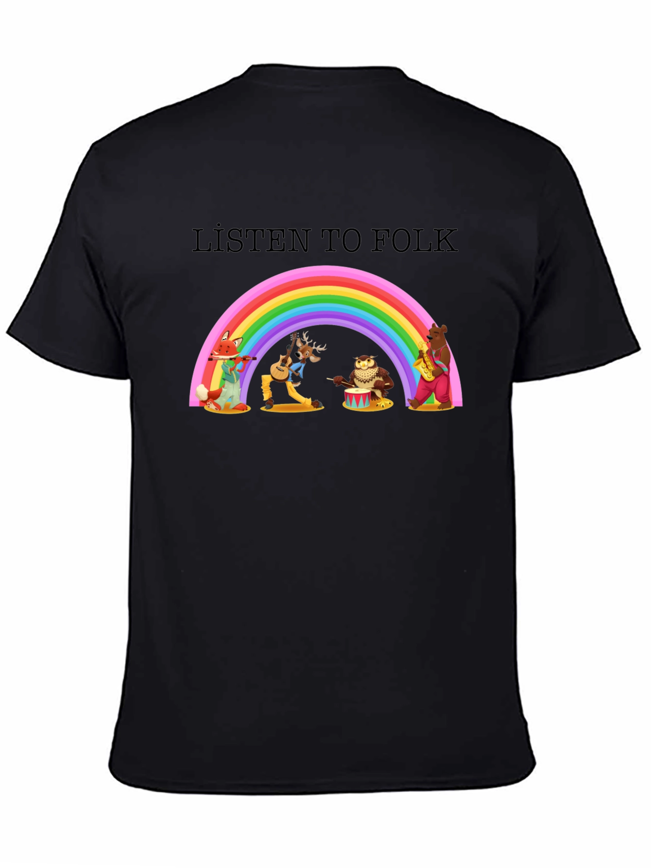 Black Listen to Folk Rainbow T-Shirt view 4