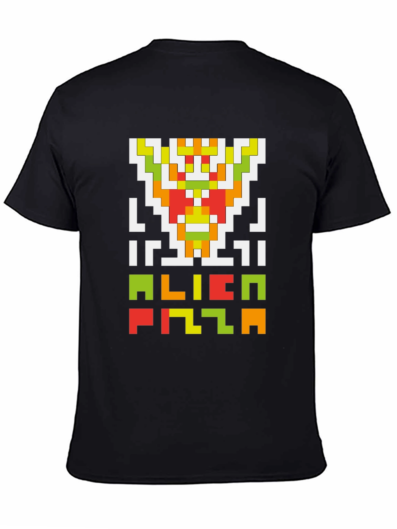 Black Alien Pizza Pixel Art Black T-Shirt view 4