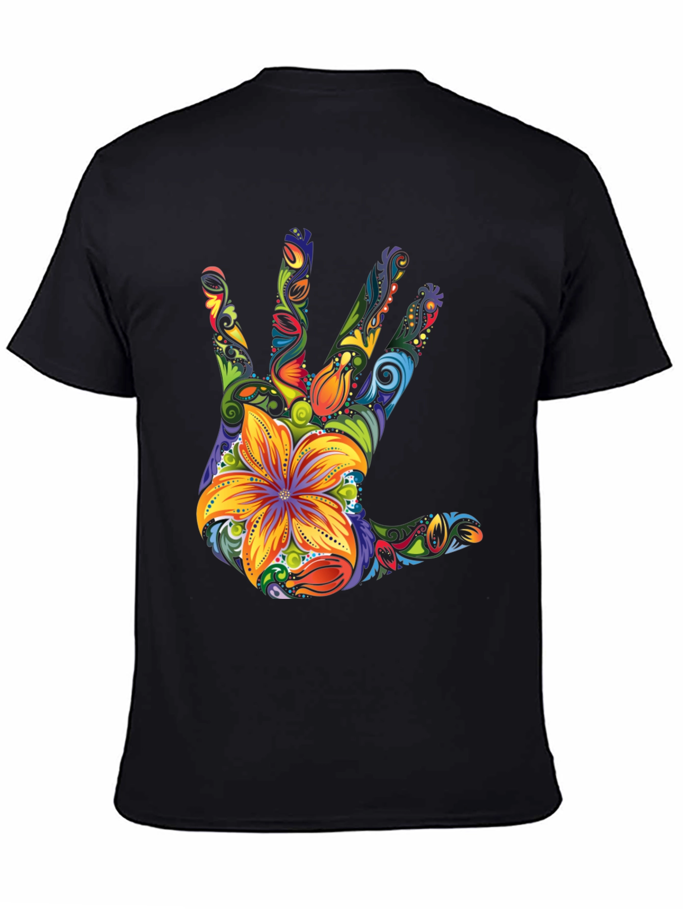 Black Floral Hand Print Black T-Shirt view 4