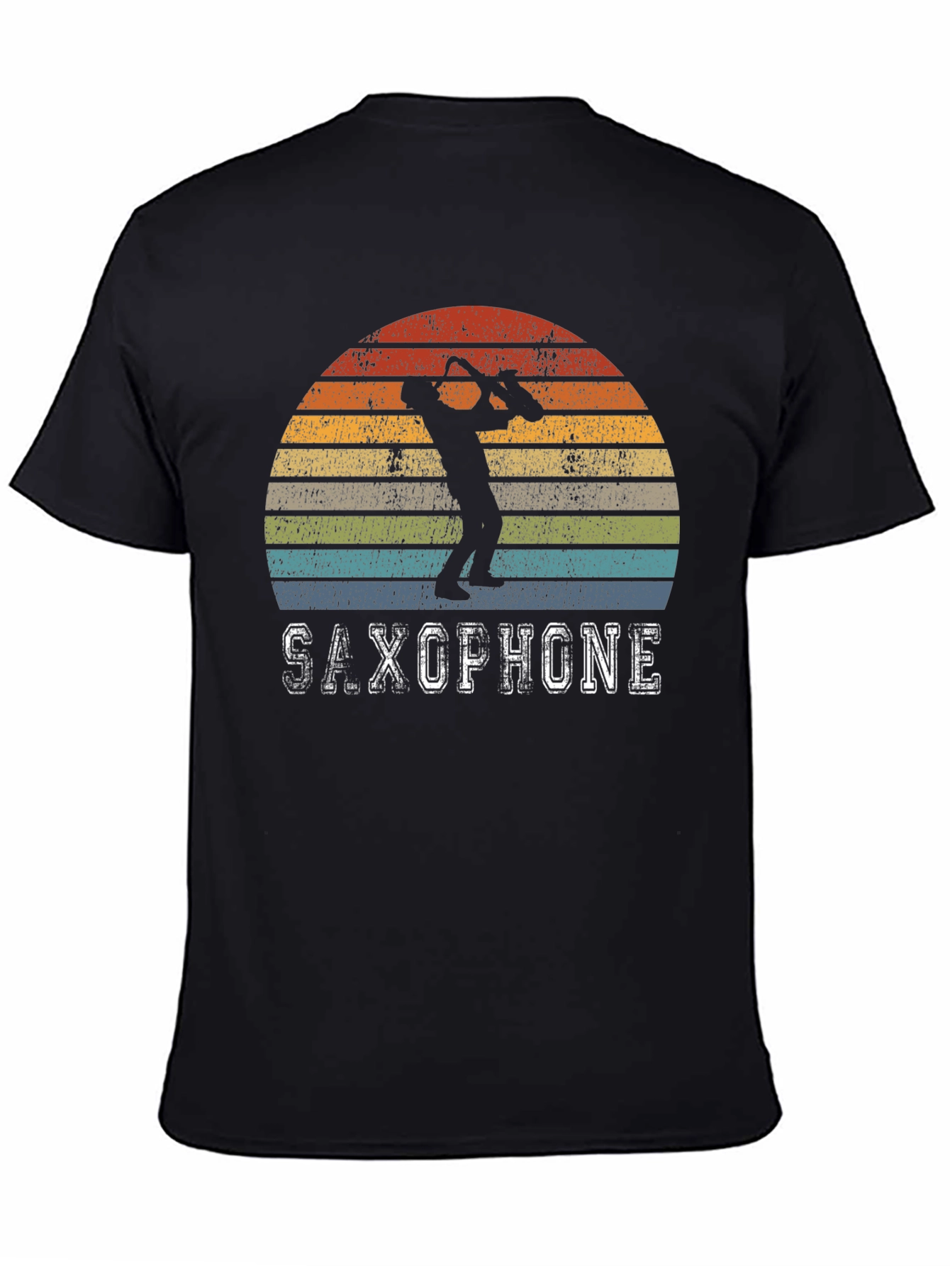 Black Retro Saxophone Player T-Shirt - Vintage Sunset Design view 4