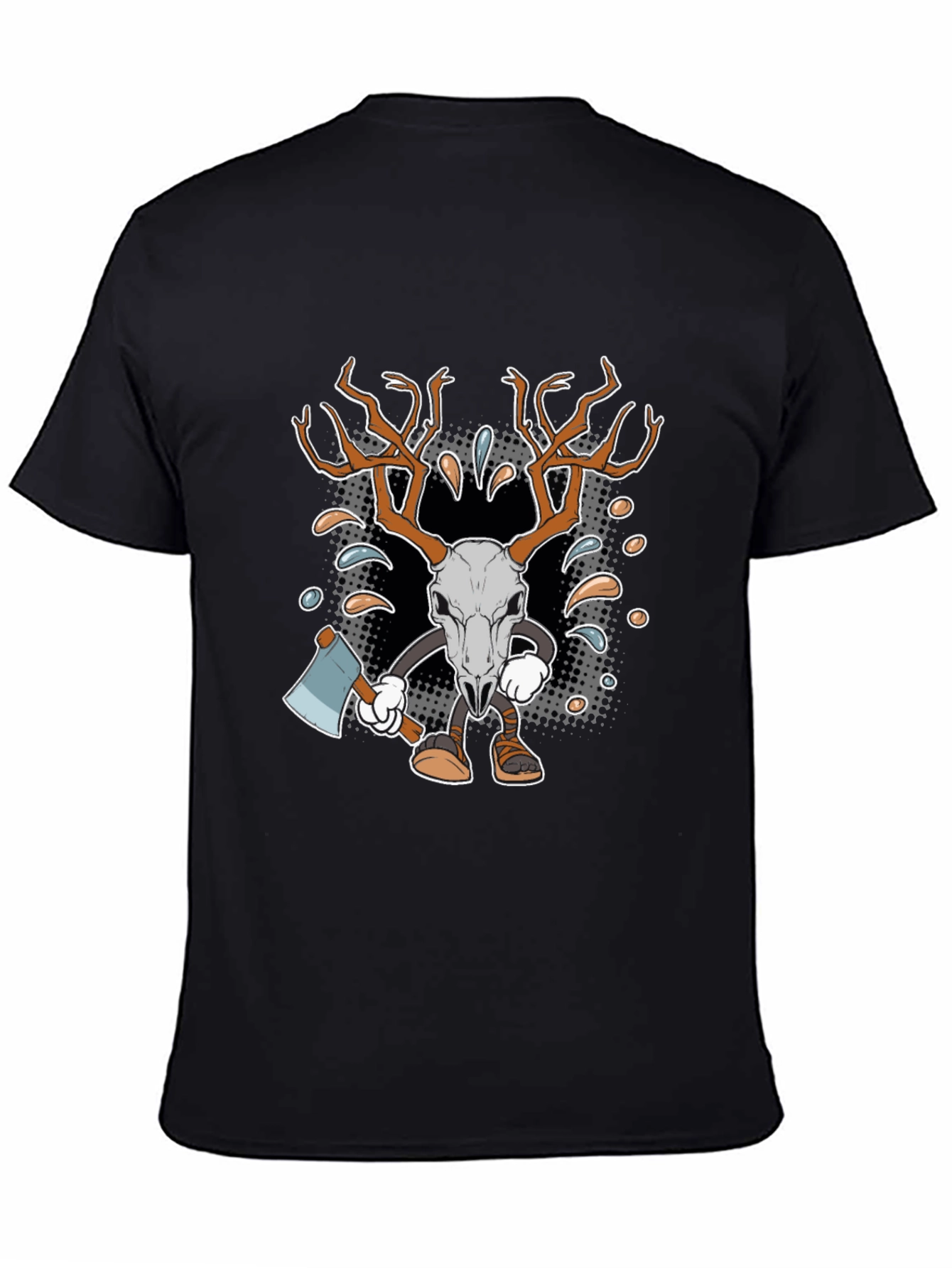 Black Cartoon Deer Skull Axe T-Shirt view 4