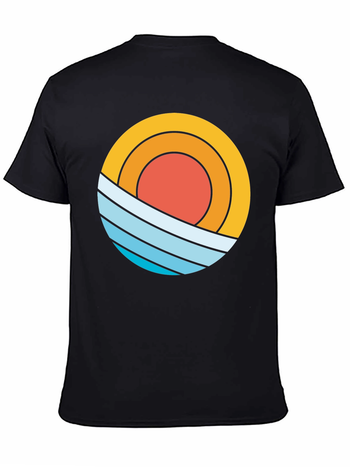 Black Retro Sun & Waves Graphic Tee - Black Cotton T-Shirt view 4