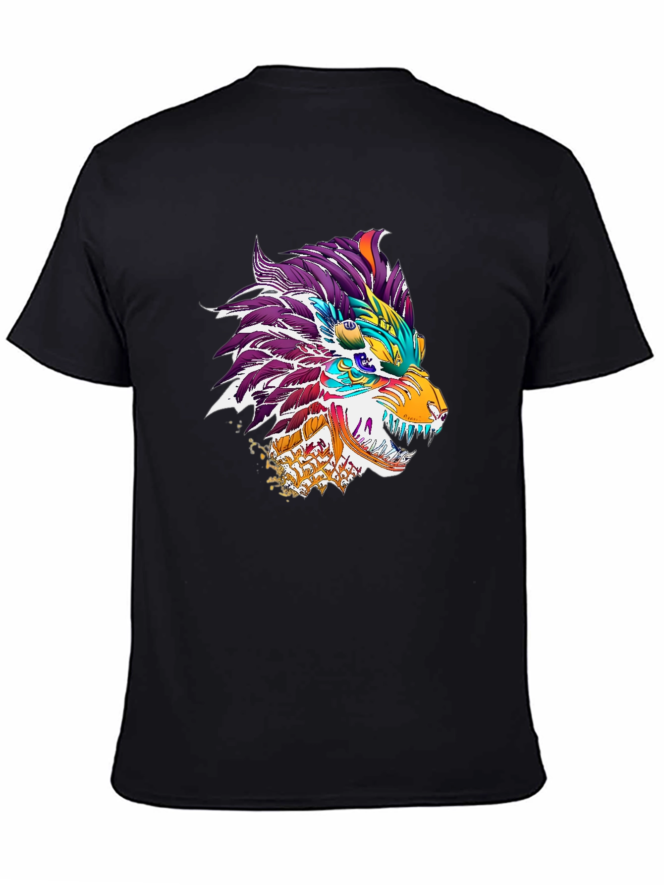 Black Colorful Dragon Wolf Graphic Tee - Black view 4