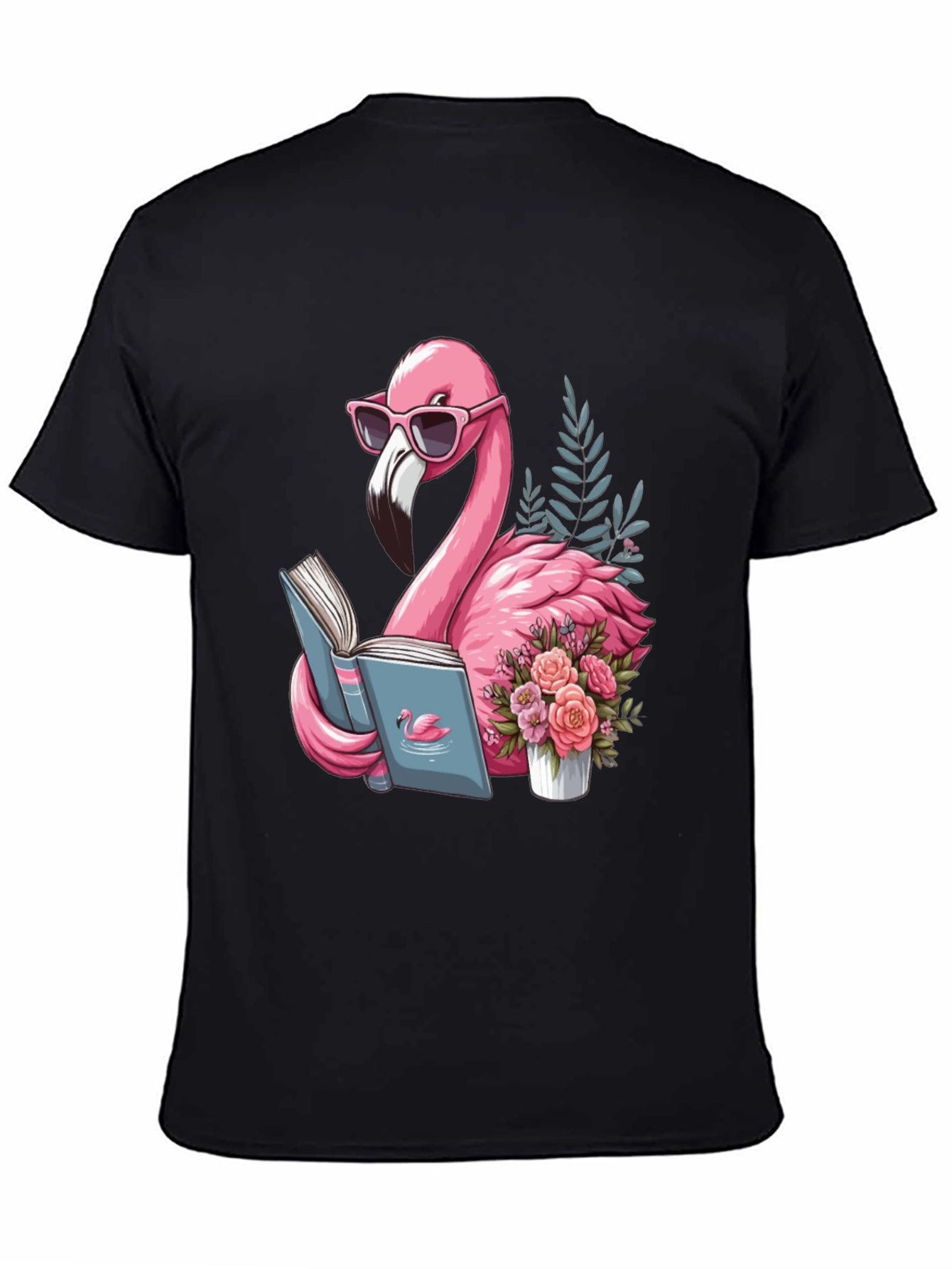 Black Flamingo Reading T-Shirt - Black Cotton Tee view 4