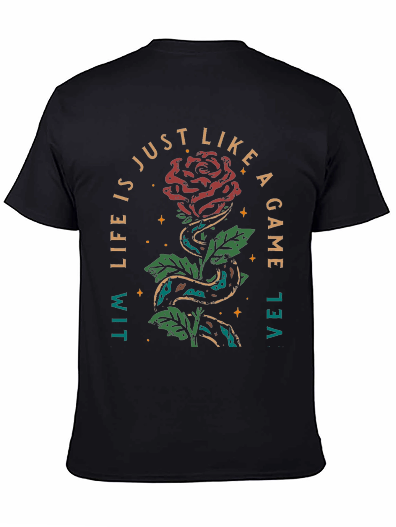 Black Rose & Snake Graphic Tee - Life is a Game T-Shirt view 4