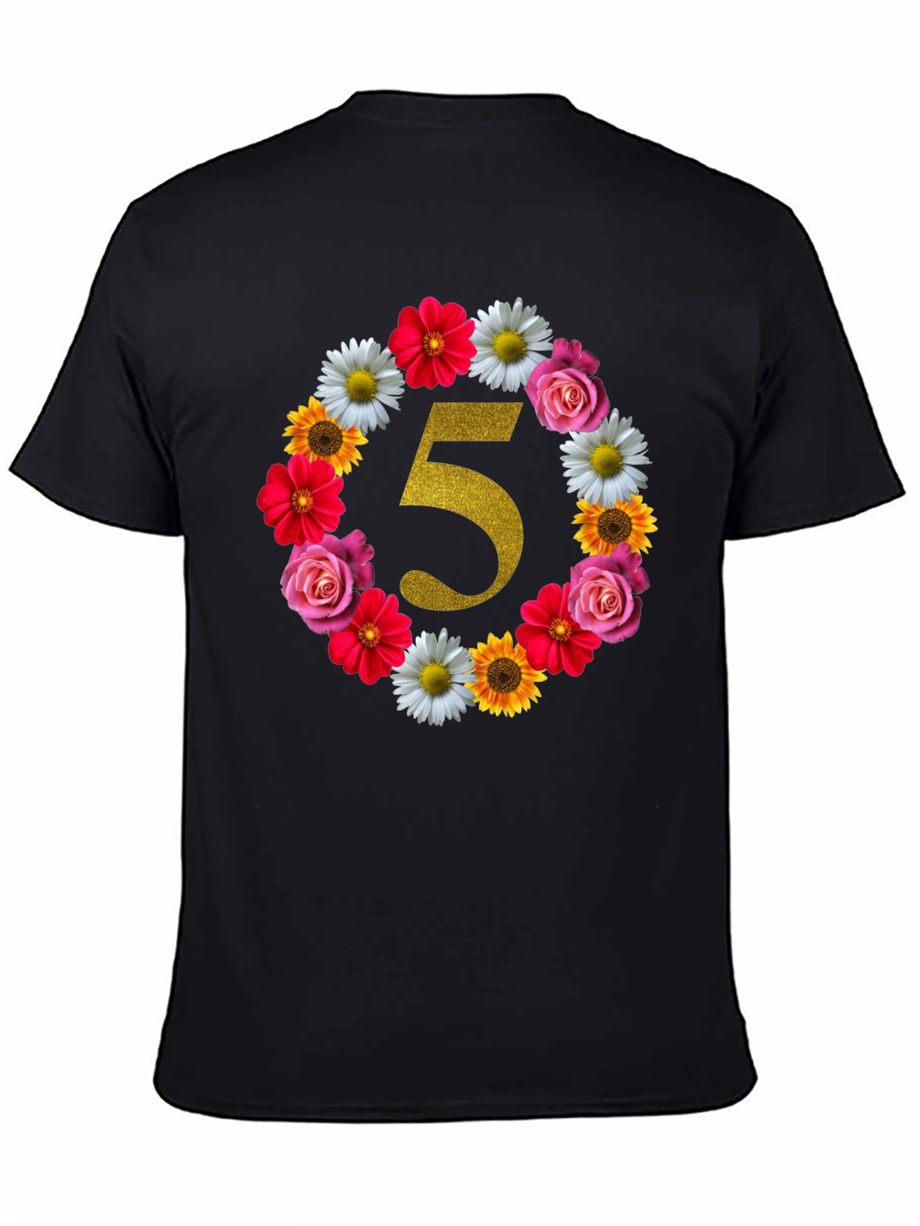 Black Floral Number 5 Birthday T-Shirt view 4