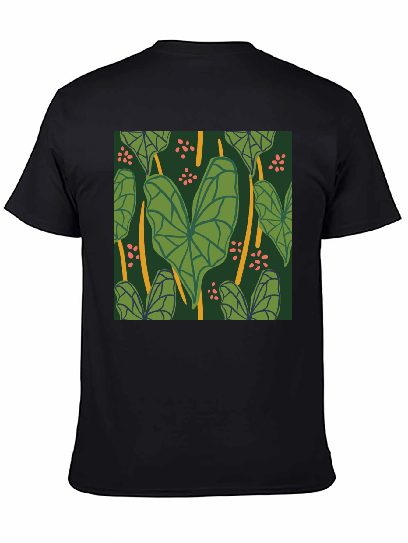 Black Tropical Leaf Pattern Black T-Shirt view 4