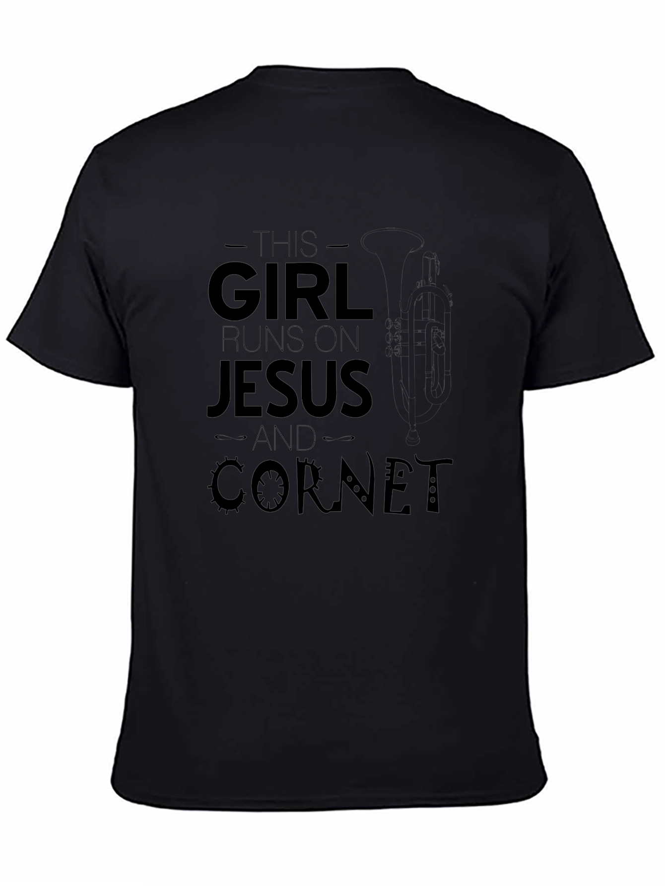 Black Girl Runs on Jesus and Cornet T-Shirt view 4