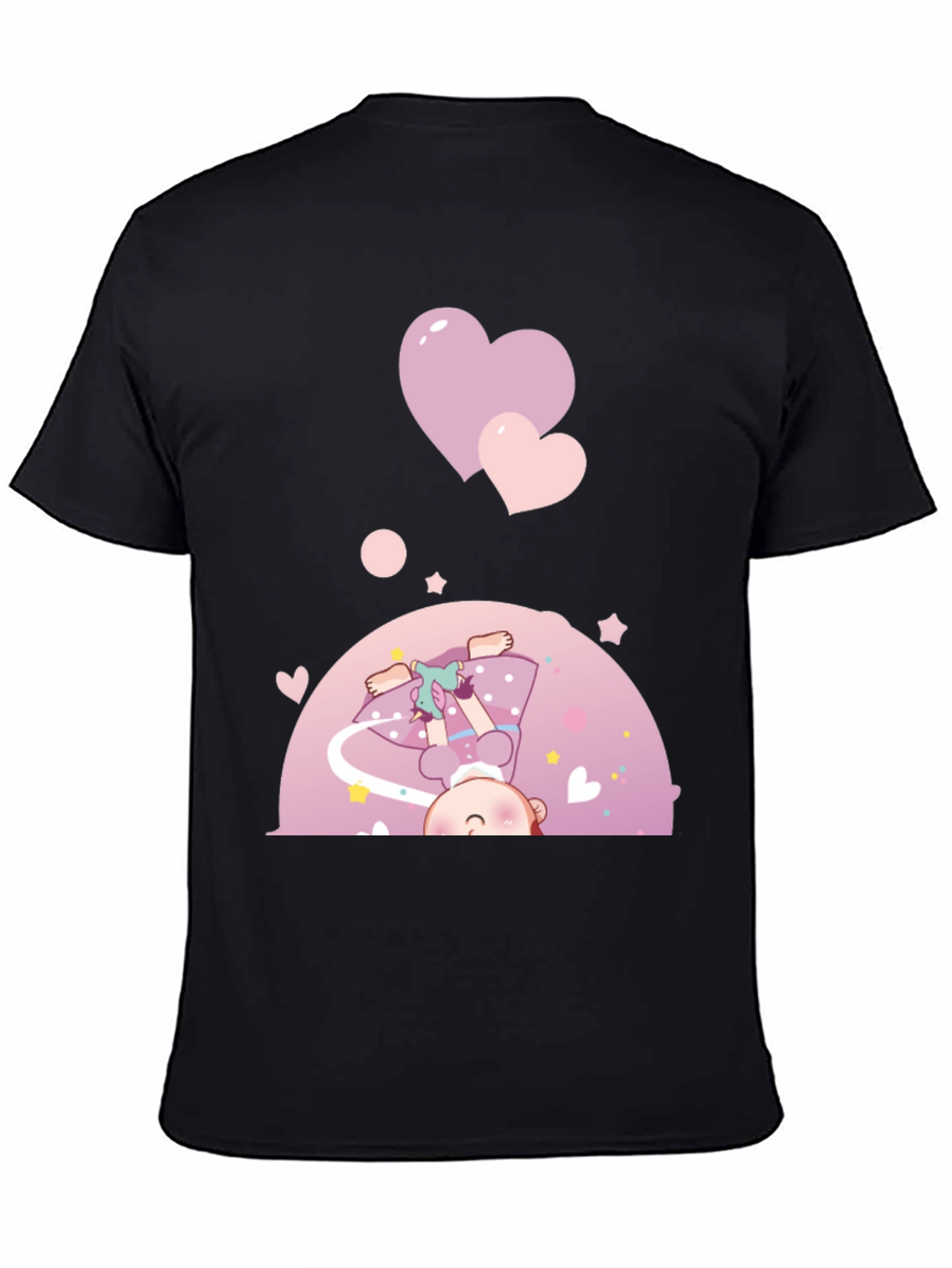Black Cute Cartoon Girl with Hearts Black T-Shirt view 4