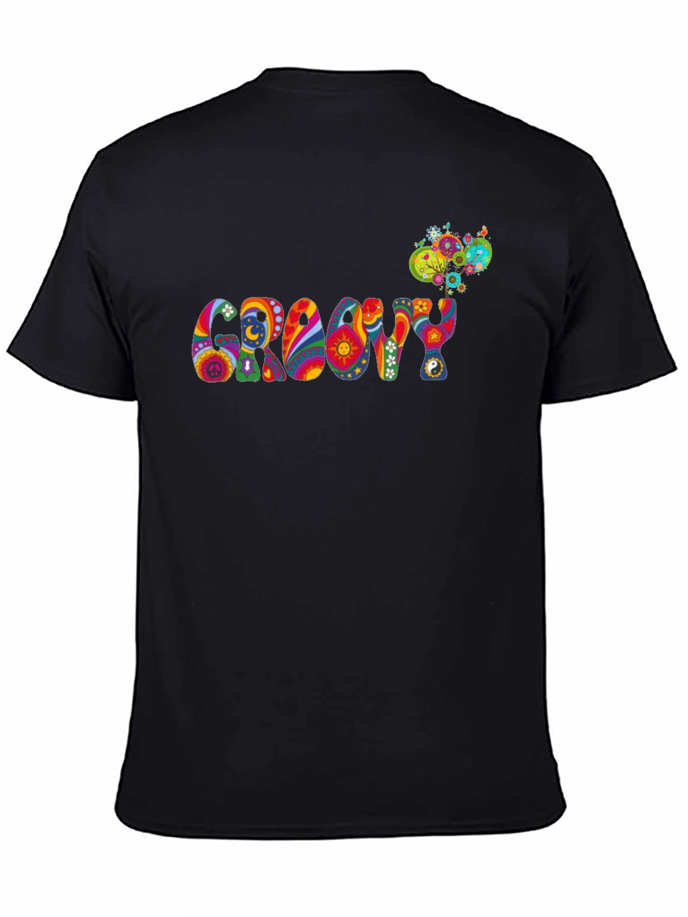 Black Groovy Psychedelic Patterned Black T-Shirt view 4