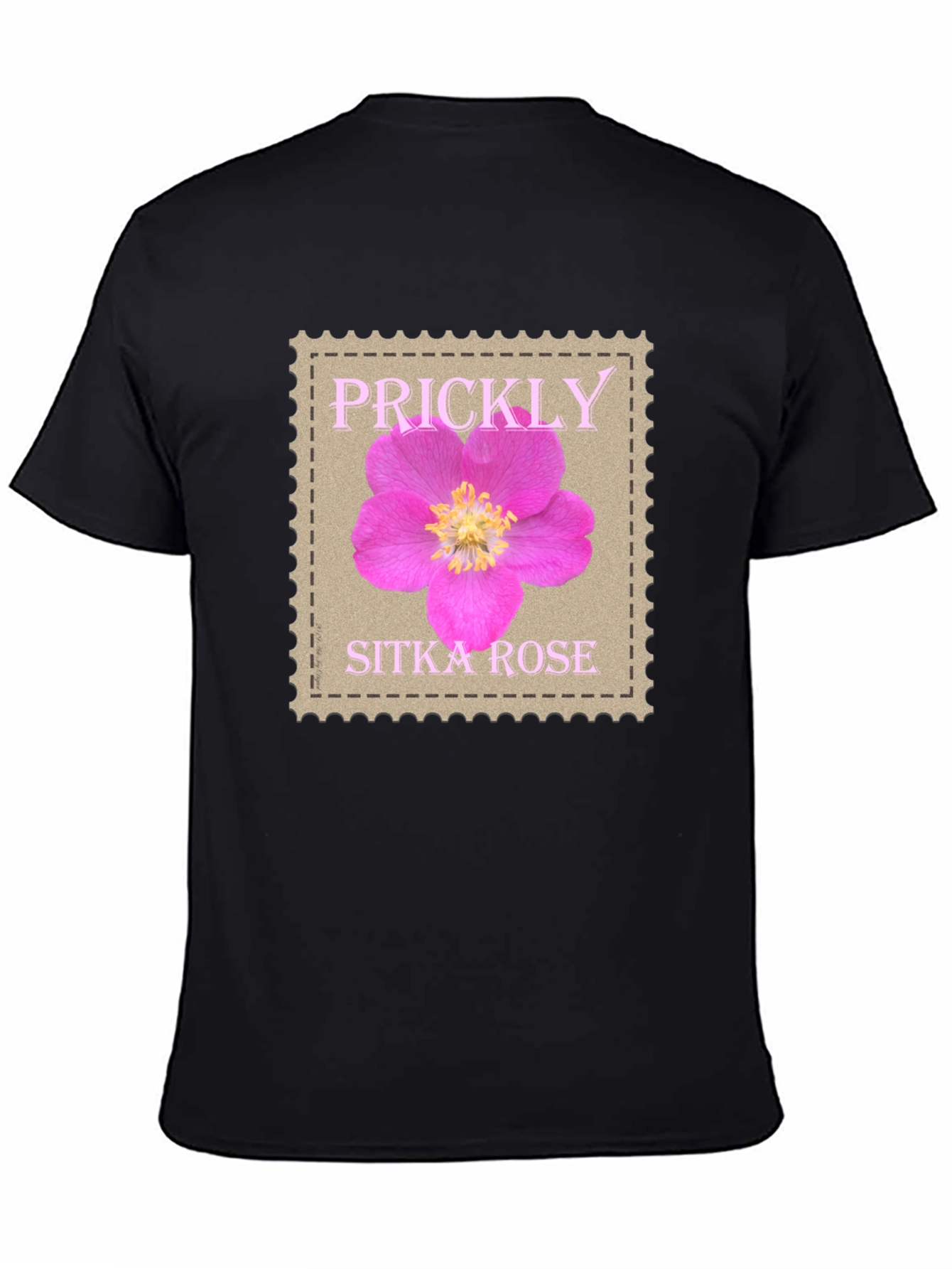 Black Prickly Sitka Rose Stamp Style T-Shirt view 4